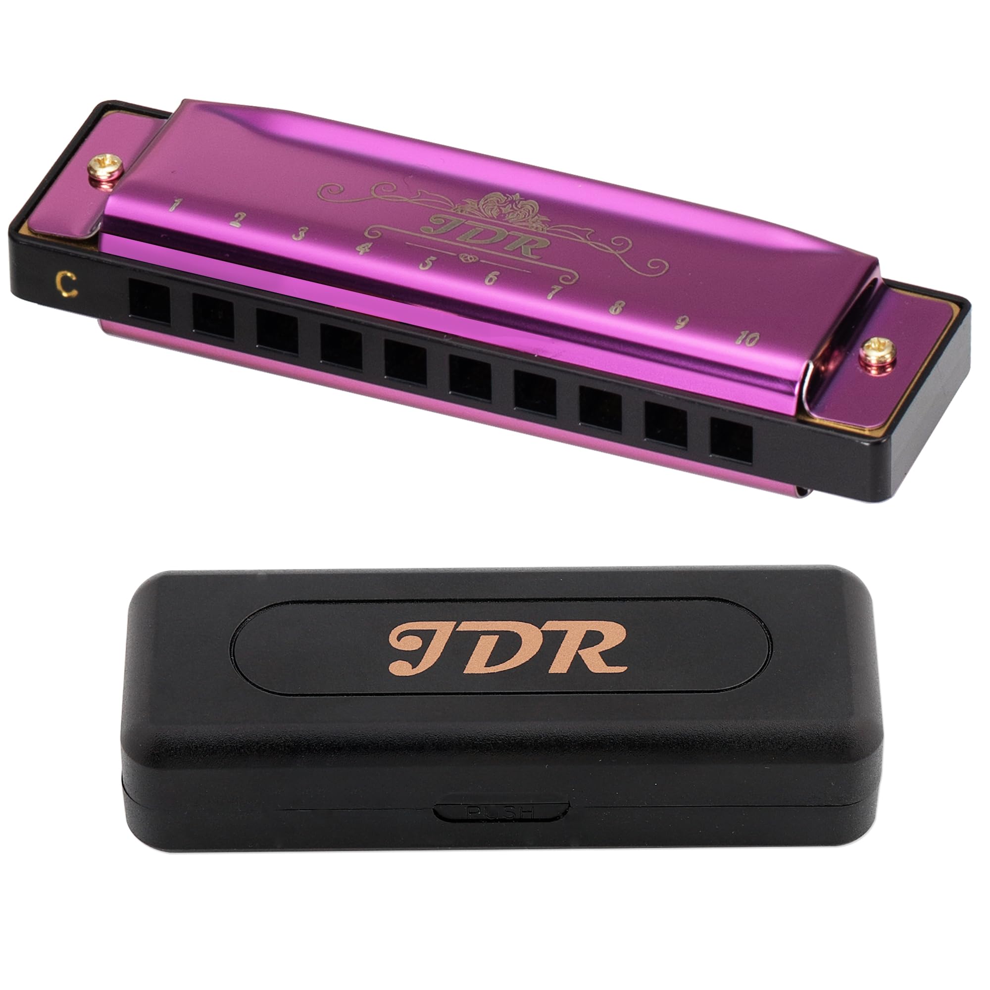 JDR Harmonica Blues C Key 10 Hole 20 Tone Mouth Organ with Case Diatonic Armonica for Kids Professional Player Beginner Students Adults Friends Teacher Parents Stainless Steel Black (Purple)