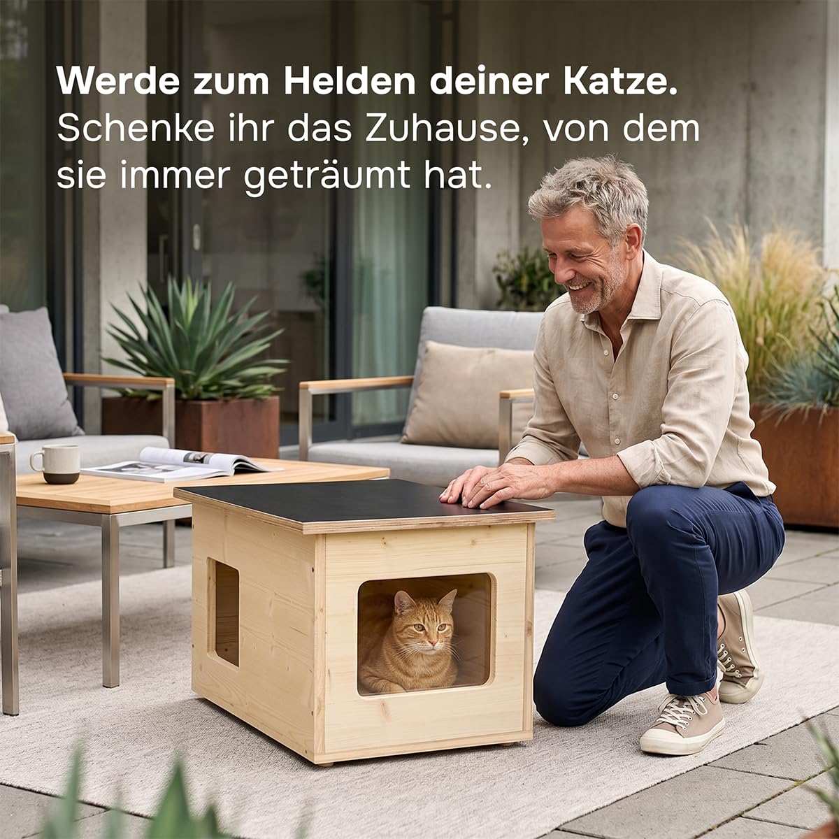catcabin Katzenhaus für Draußen, Winterfest, Isoliert, Massivholz, Made in Germany, Outdoor Katzenhöhle (ohne Isolierung, Dach Siebdruck, Fichte-Fenster)