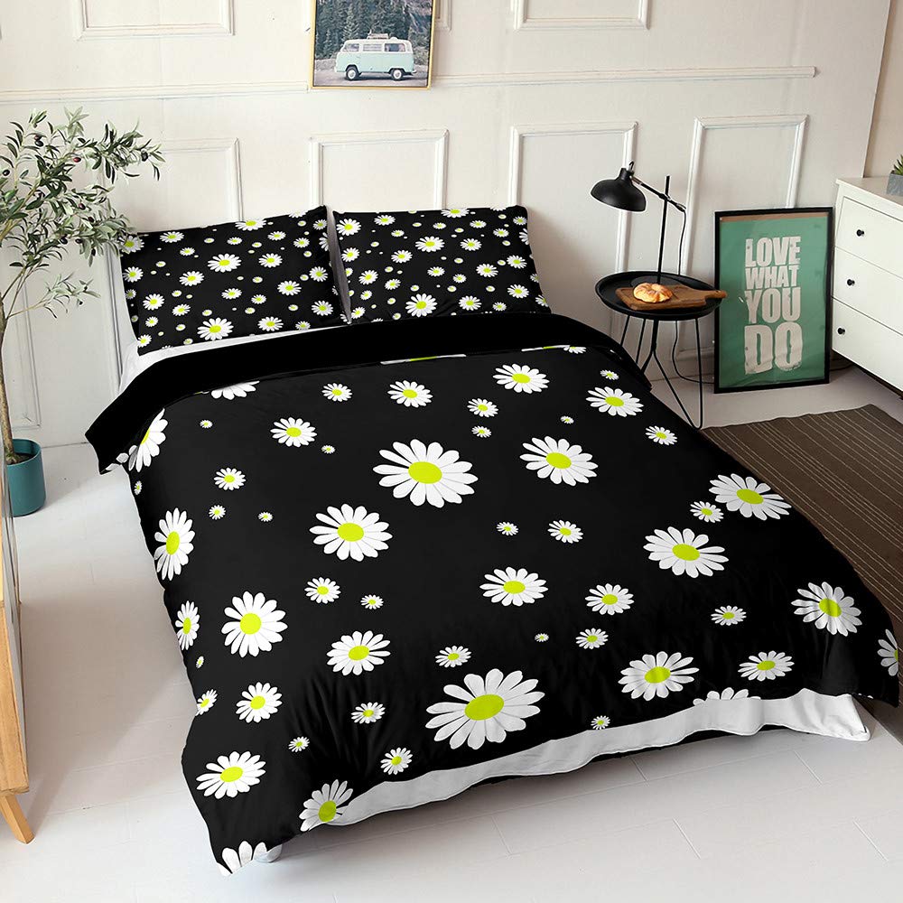 Housse de couette marguerite 3D noire 200x200 avec fermeture éclair en microfibre