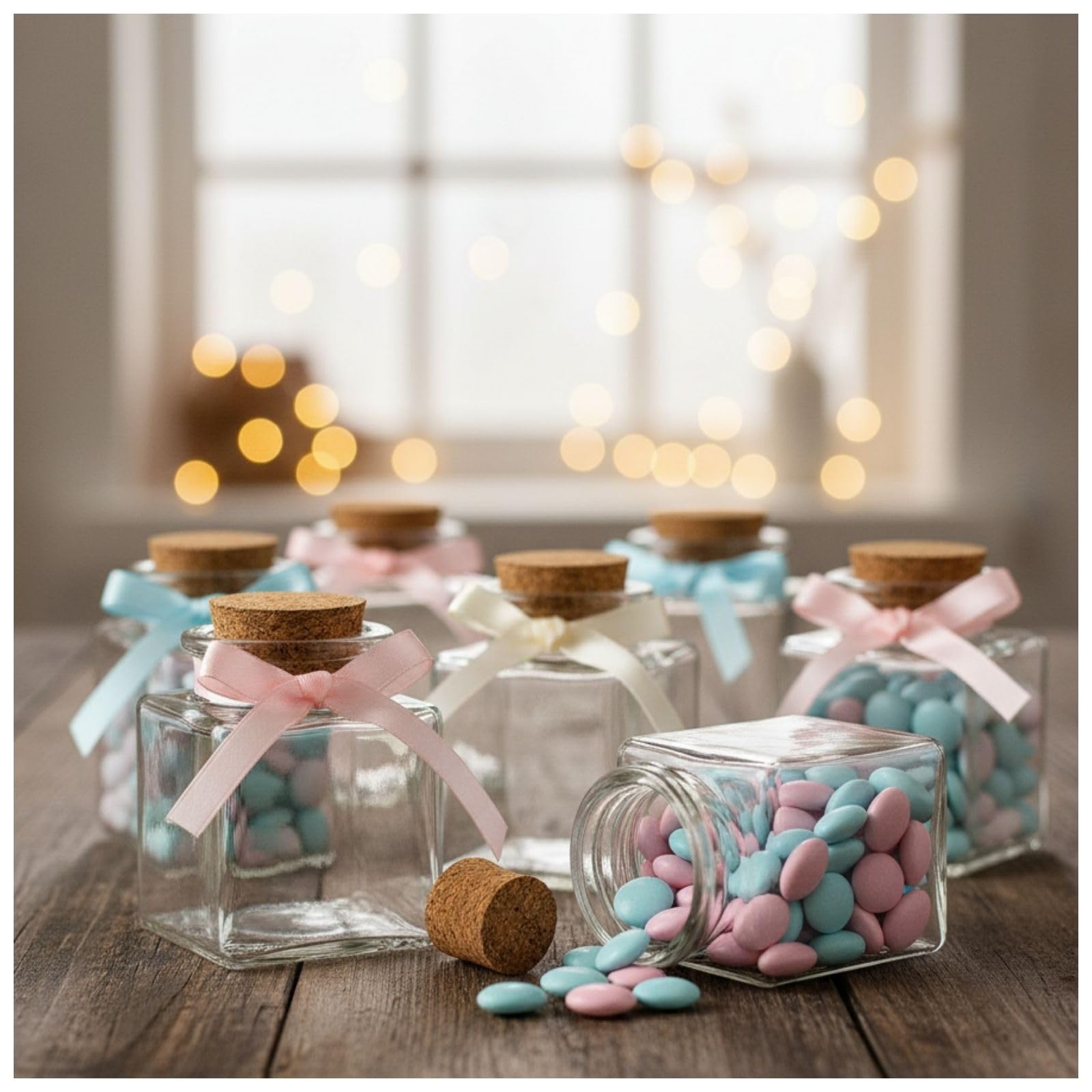 Doni Bomboniere Lot de 50 bocaux carrés, 6 x 4 x 4 cm, avec bouchon en liège, bocaux en verre transparent, haute qualité, personnalisable, bricolage, mariage, baptême, naissance, confirmation, remise