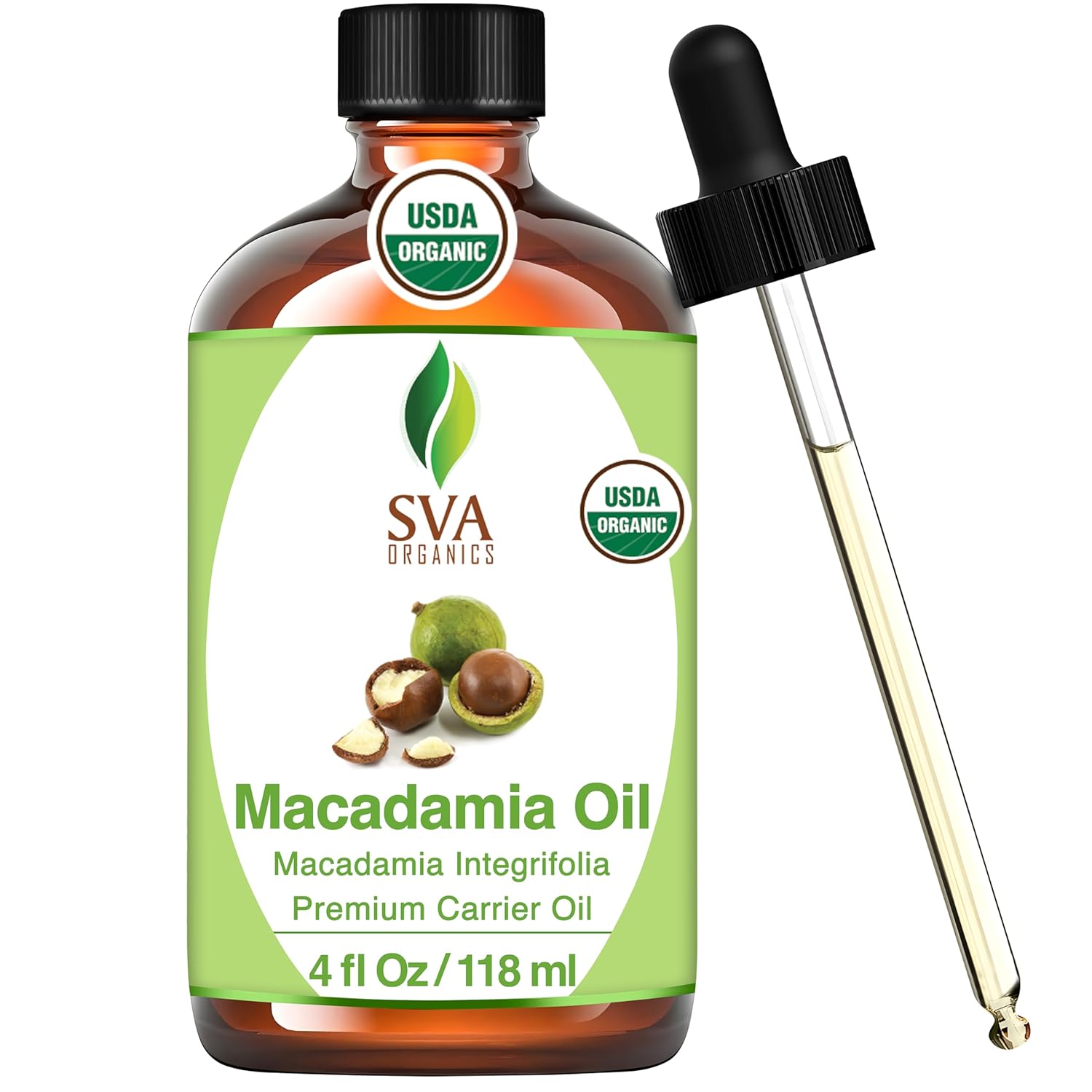 SVA Macadamia Seed Oil Organic – 4 Fl Oz – 100% Natural Cold Pressed Organic Macadamia Oil – for Face, Skin Care, Hair Care, Scalp Massage & Body Massage – Carrier Oil with Dropper