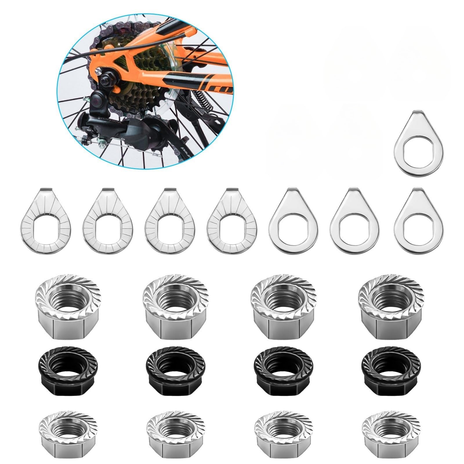THE WHITE SHOP Bike Nuts and Hedge Washers, M8 M9.5 M10 Bicycle Axle Nuts Kit, 3 Sizes Bike Wheel Nuts Washers，Bike Hub Nuts for Front Rear Wheel of City Road Mountain Bike