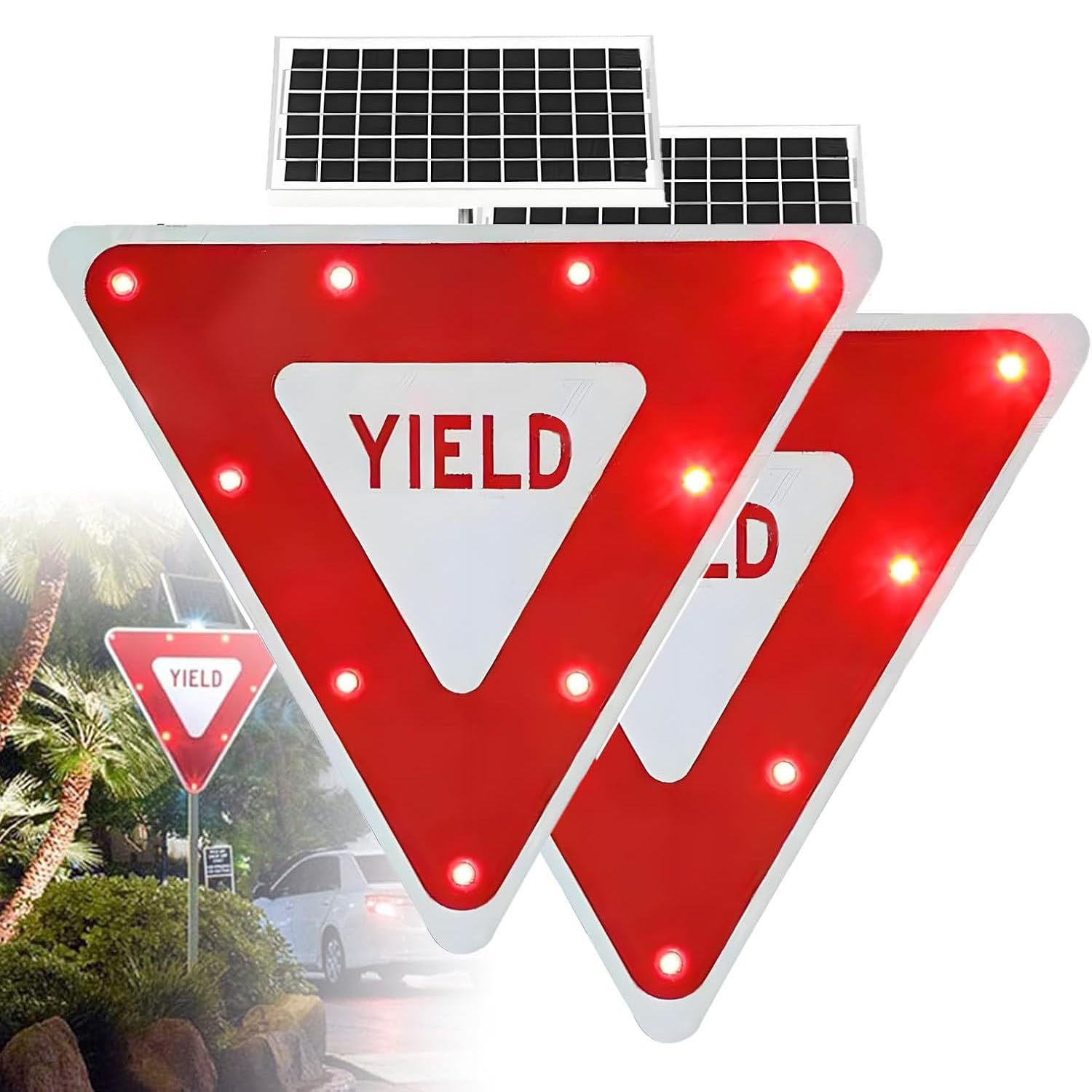 ROEFETY Triangle Flashing LED Crossing Sign,Upgraded Solar Warning LED Yield Sign,IP65 Waterproof with Mounting Accessories Engineer Grade Reflective,Solar Powered Yield Sign 2piece