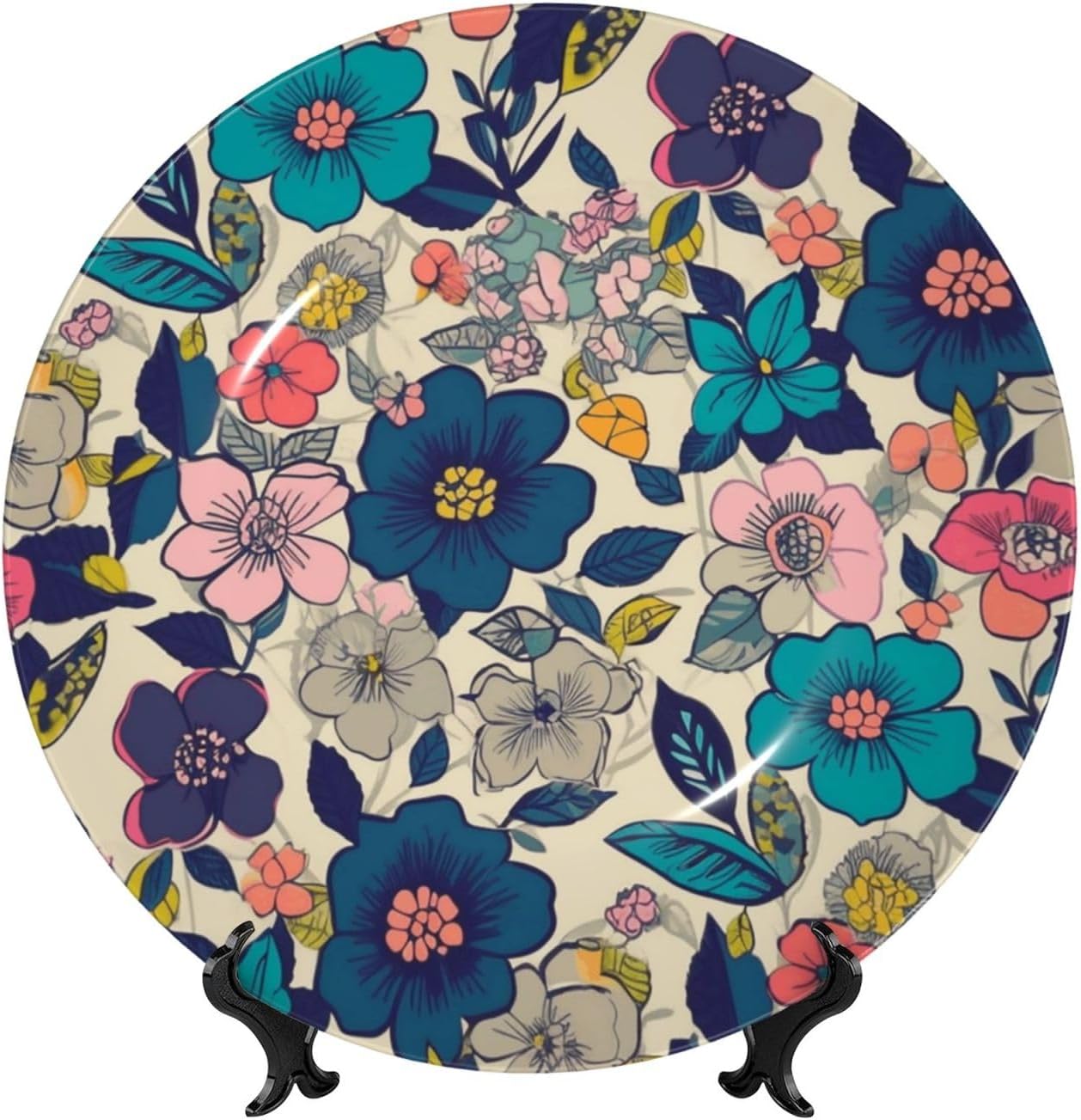 Bone China Decorative Plate with Display Flowers Ceramic Plates Crafts Art Decor Dessert Plate Ceramic Ornament Porcelain Plates for Living Room Kitchen Table Home Decor