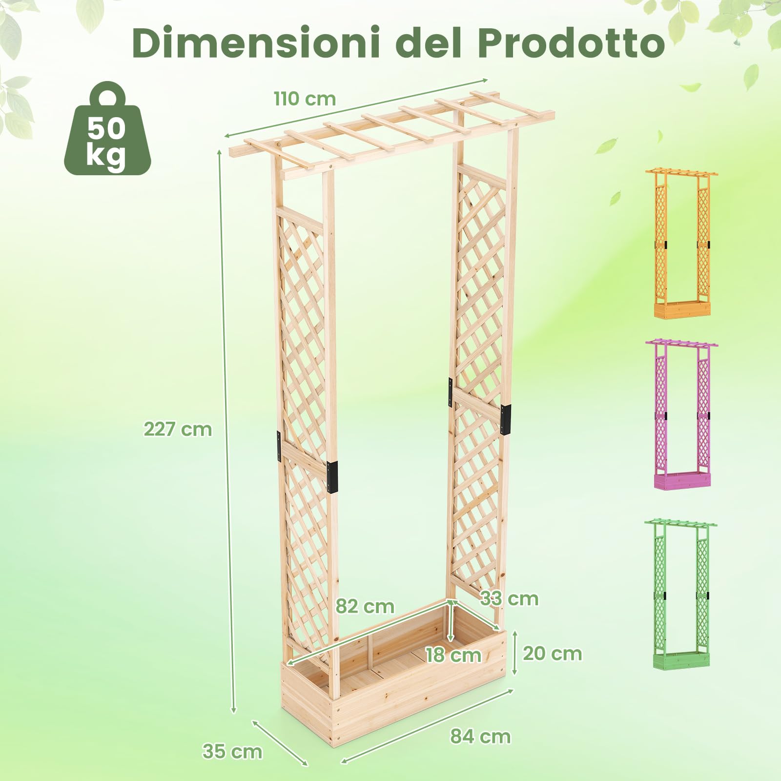 COSTWAY Fioriera Rialzata con Grigliato, Letto da Giardino Rialzato in Legno con Traliccio, Tetto e Fori di Drenaggio, Aiuola Elevata per Piante Rampicanti, Viti e Fiori (Naturale,110 x 35 x 227 cm)