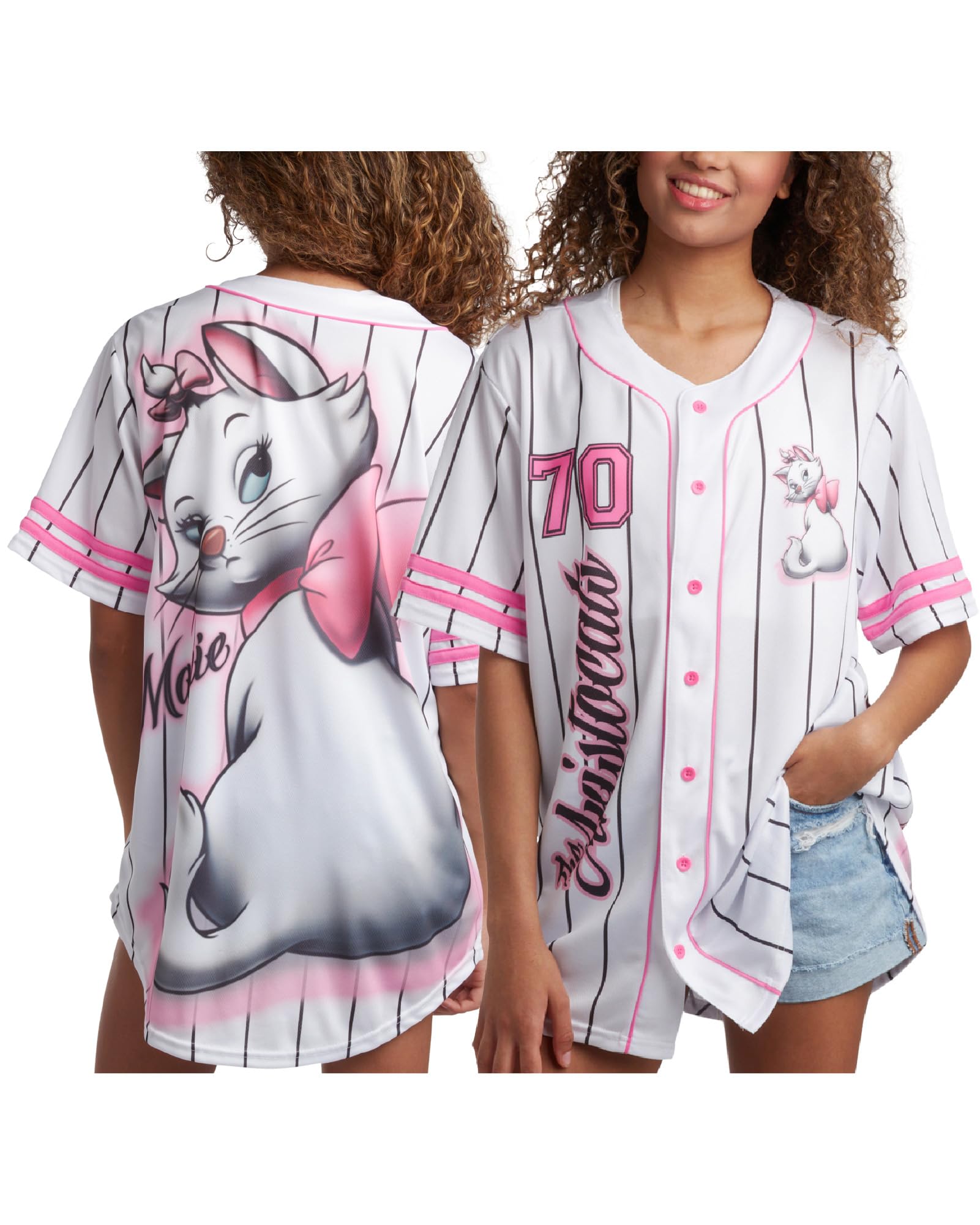 Disney Womens Baseball Jersey - Mickey Mouse Lightning McQueen Marie, Lilo and Stitch Womens Baseball Shirt, Size Medium, White/Pink Marie