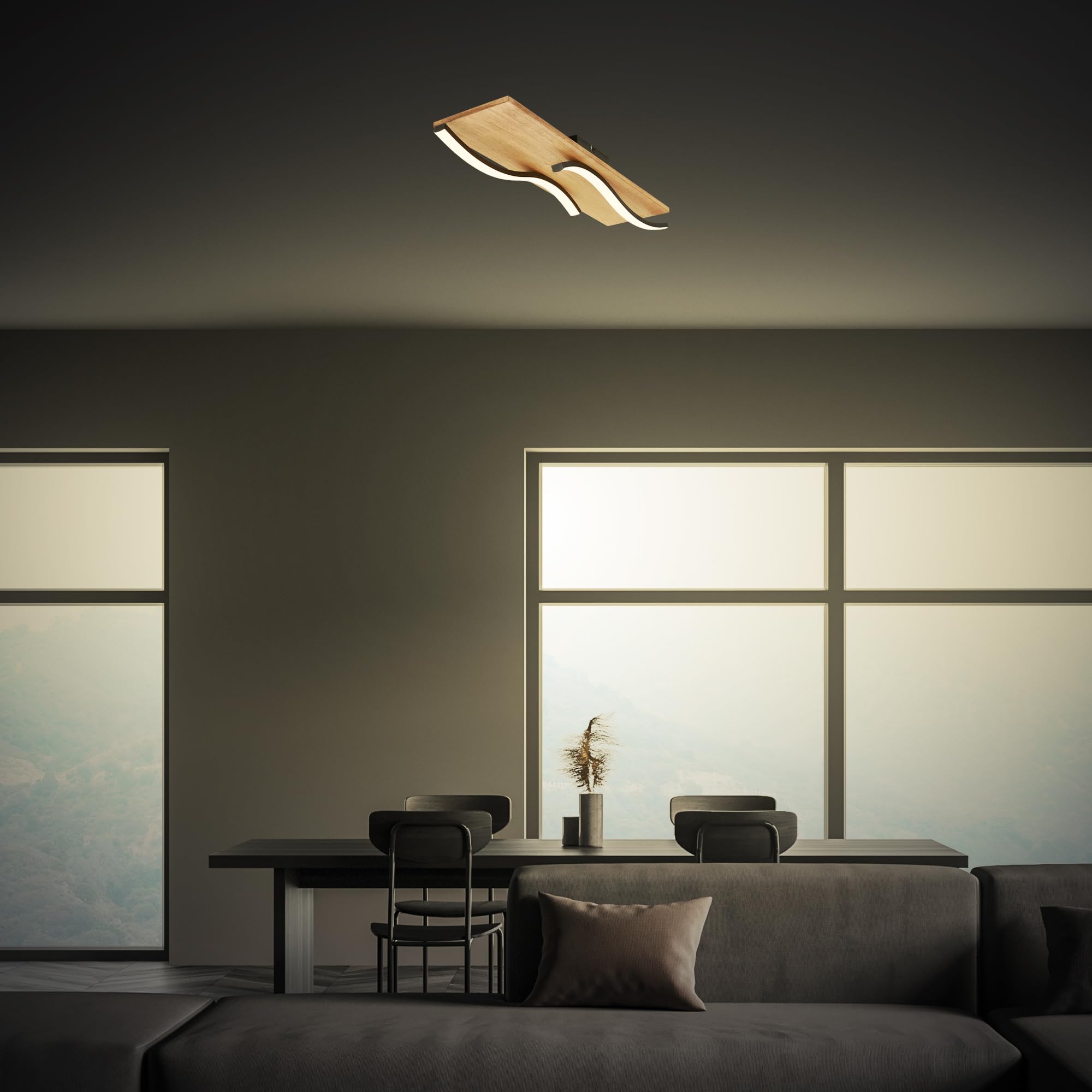 Briloner - Plafoniera LED vintage a forma di onda, luce bianca calda, base in legno, plafoniera LED, lampada, lampada da soggiorno, 55 cm, legno nero