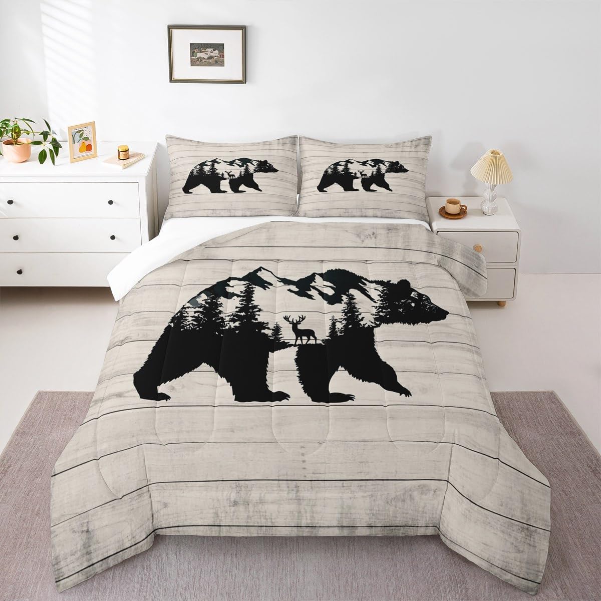 Feelyou Bear Bedding Set Comforter Set Rustic Western Jungle Bear Comforter Cover for Boys Girls Teens Decor Wooden Stripes Duvet Set Twin Size with 1 Pillow Case Boys