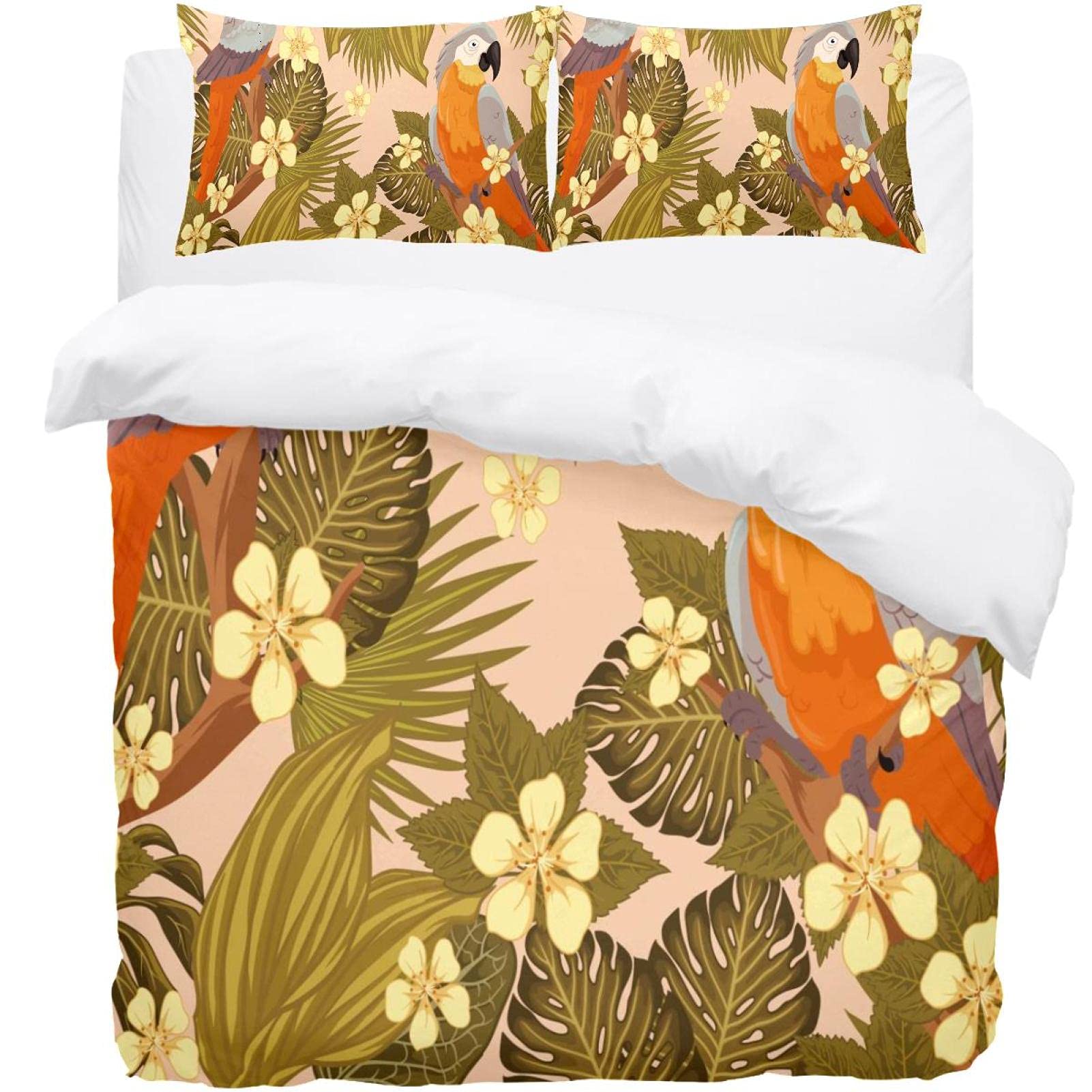 Parure de lit toucan housse de couette 2 personnes motif feuilles tropicales