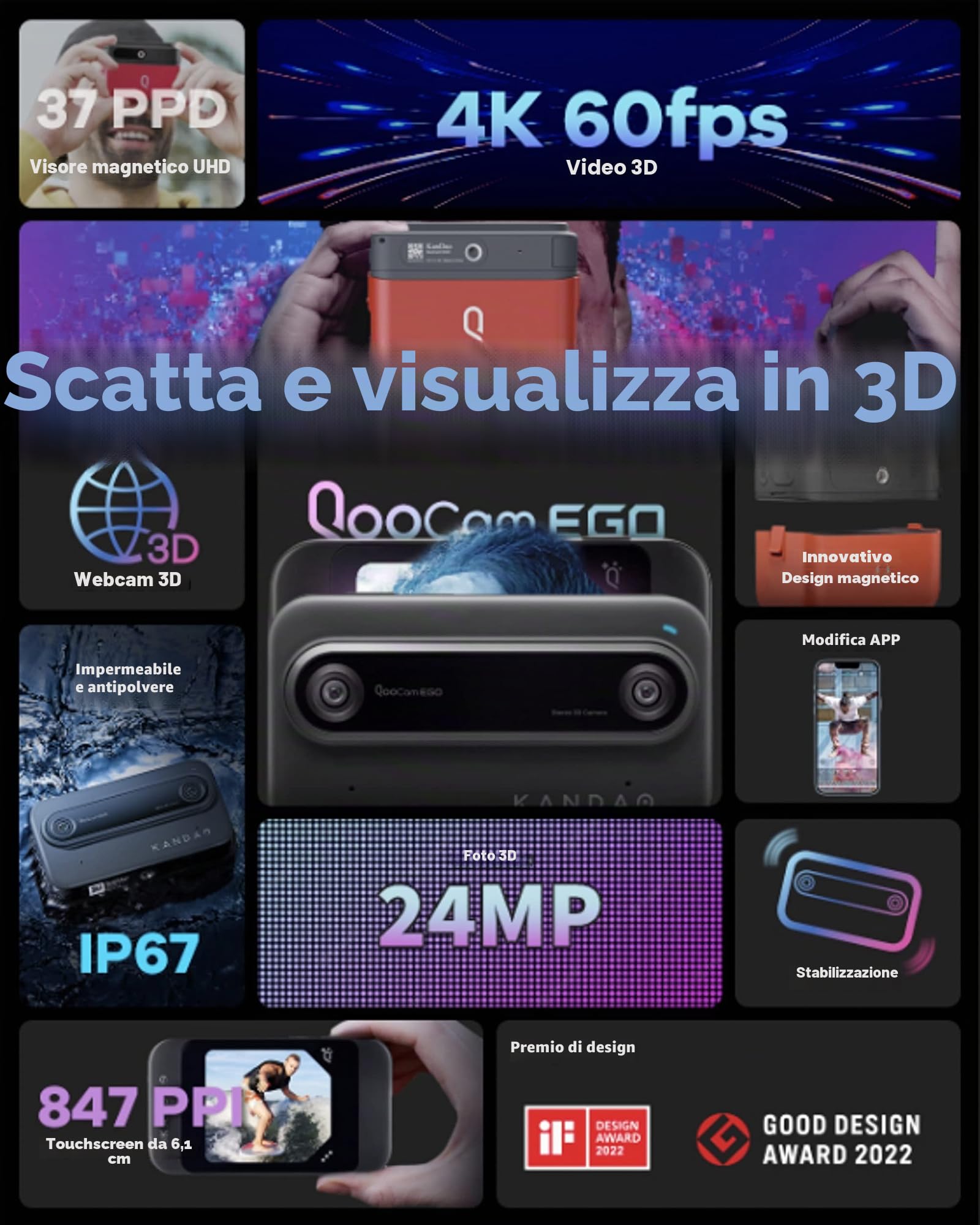 KanDao QooCam Ego - Telecamera VR 3D integrata con visualizzatore, video 4K 60 fps, display istantaneo stereoscopico, per viaggi, feste, dispositivo creato da contenuti VR, occhiali AR compatibili