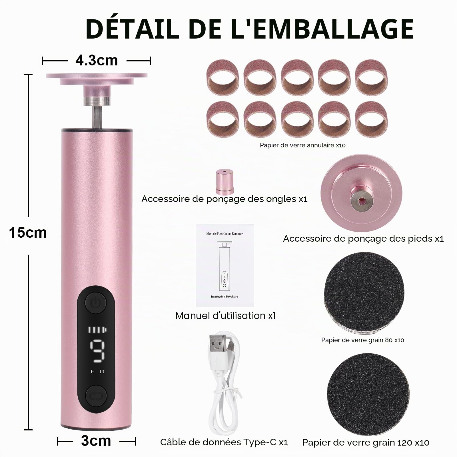 Jianyana 2 In 1 Rechargeable RâPe à Pieds PéDicure Electrique Anti-Callosité Lime Pieds Avec 9 Vitesses Réglables écran numérique （Rose）