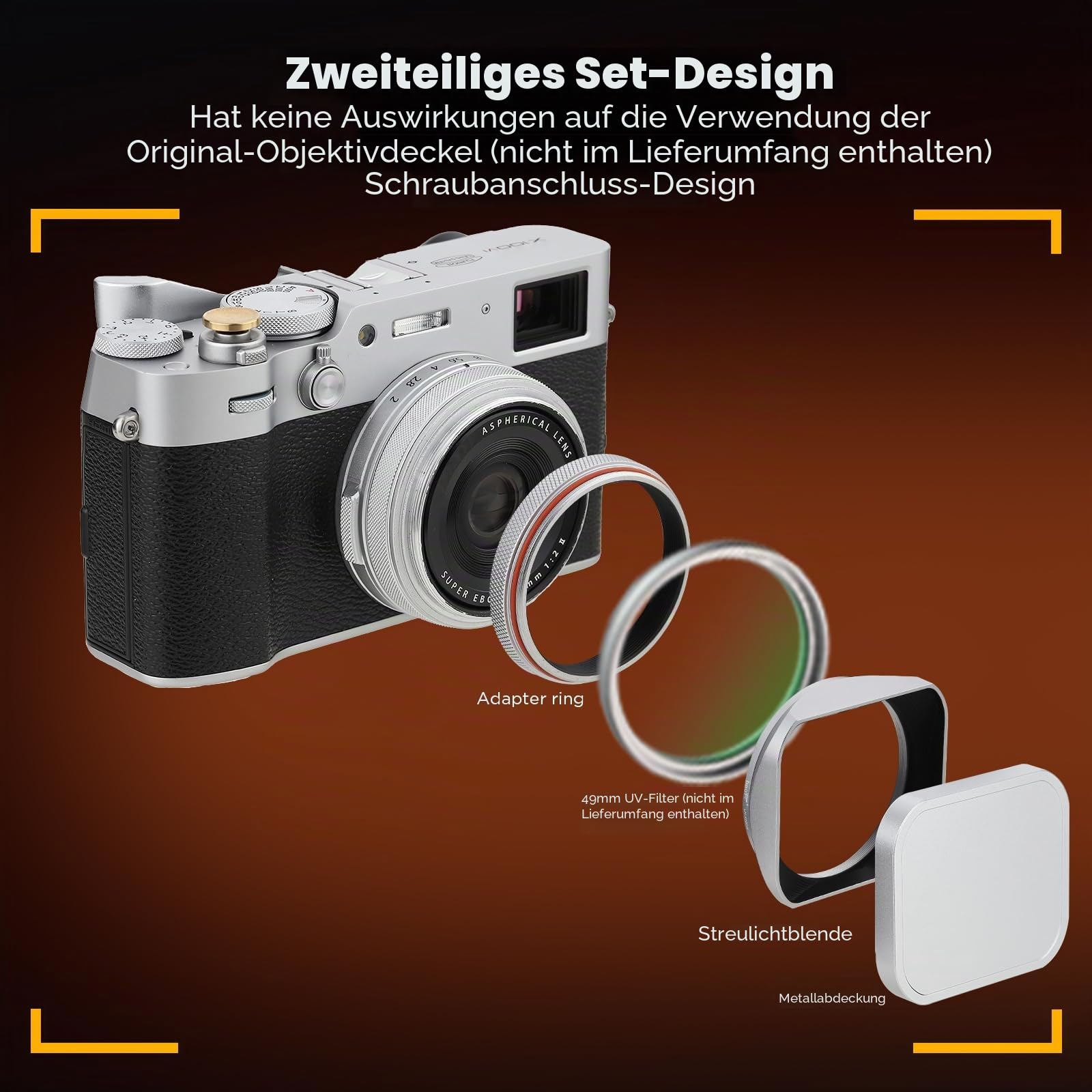 Haoge LH-X200S Gegenlichtblende aus Metall, quadratisch, mit 49 mm Adapterring, Metallkappe für Fujifilm X100VI Fuji X100V X100F X100T X100S X70 Kamerazubehör, Silber