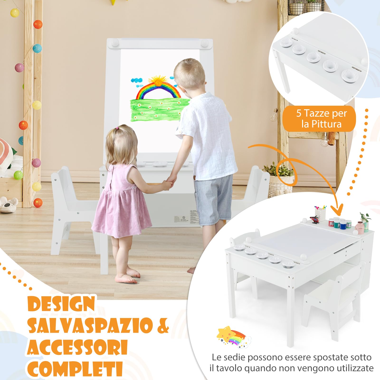 RELAX4LIFE Tavolo D'arte per Bambini con 2 Sedie, Legno, Piano Sollevabile, 6 Cassetti, 4 Tazze Pittura