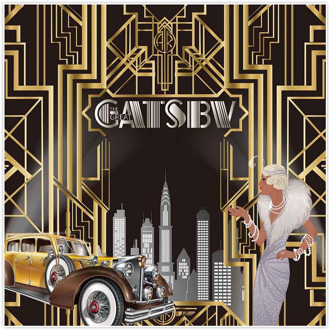 Allenjoy 8x8ft Gatsby Themed Backdrop for Adult Celebration Retro Roaring 20's 20s Party Art Decor Happy 1st Birthday Wedding Decoration Pictures Background Supplies Photo Booth Prop