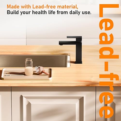 Miniatura 7 de Phiestina, BF3530-MB - Grifo de baño de un solo orificio negro mate para lavabo, 1 orificio con drenaje de metal con desbordamiento y línea de