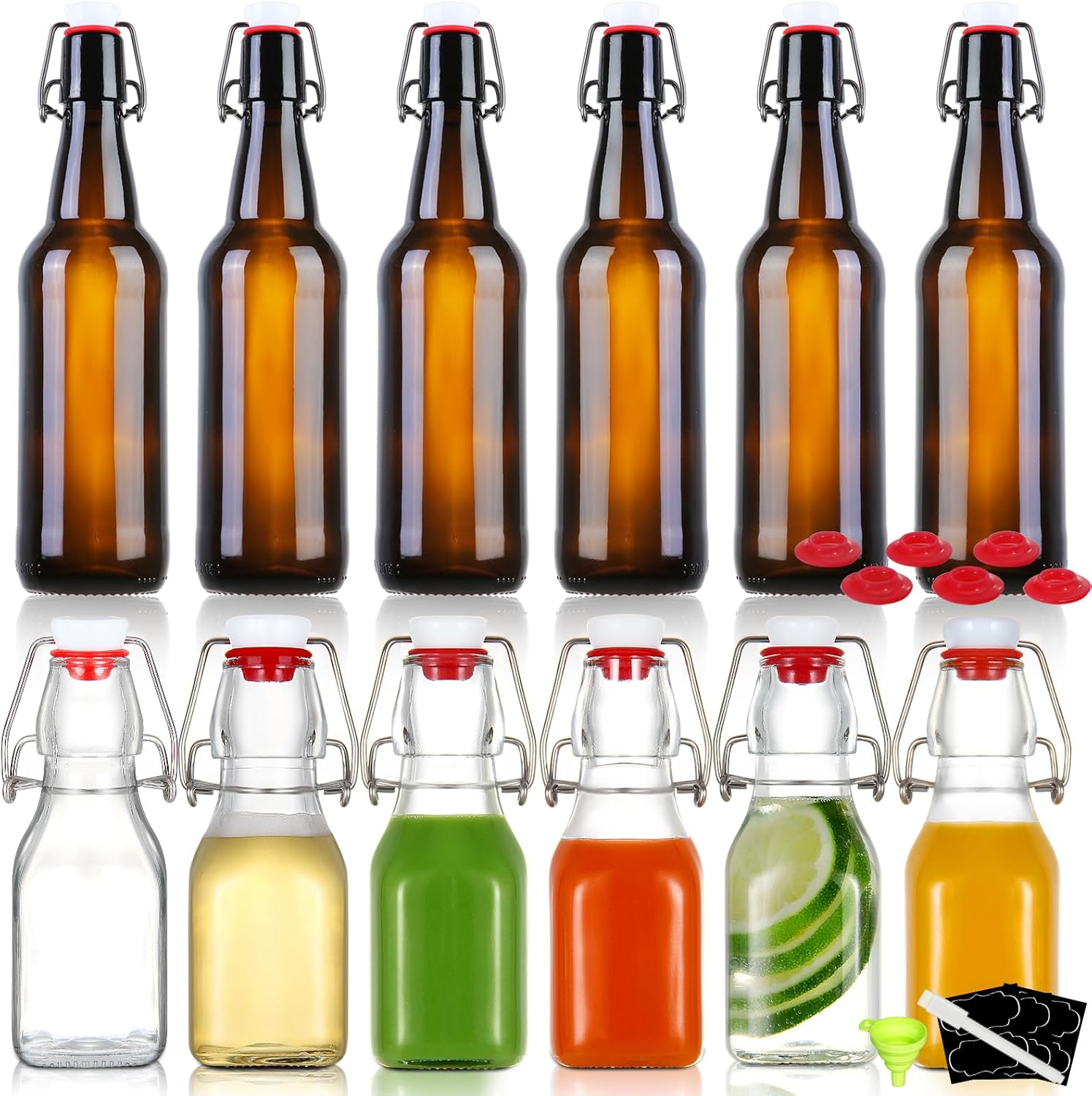 YEBODA 16 oz Amber Glass Beer Bottles with Flip Caps 6 Pack + 6 Pack 4oz Swing Top Glass Bottles with airtight Caps