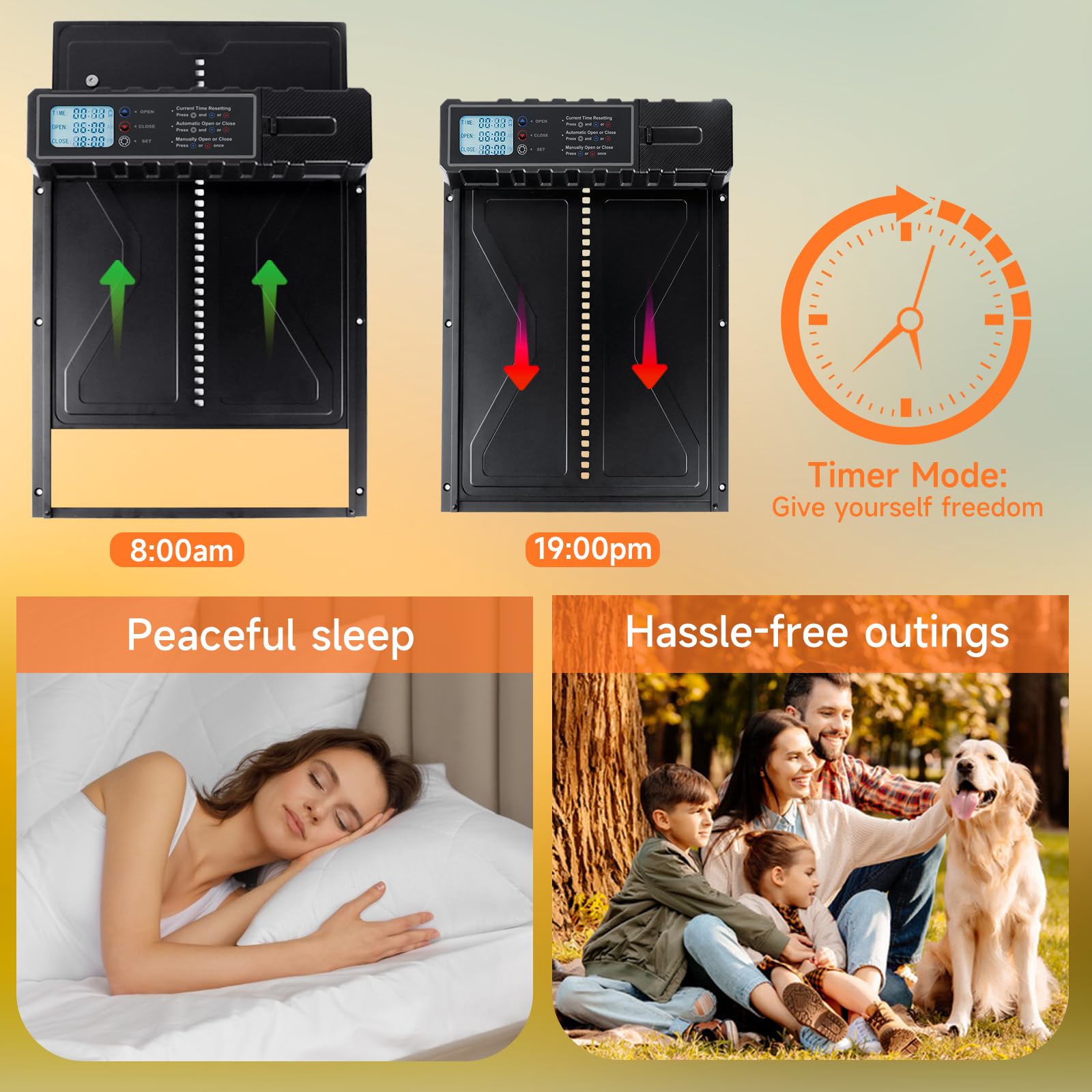 Puerta Automática para Gallinero de Aluminio con Temporizador y Pantalla, Protección Antiatrapamiento