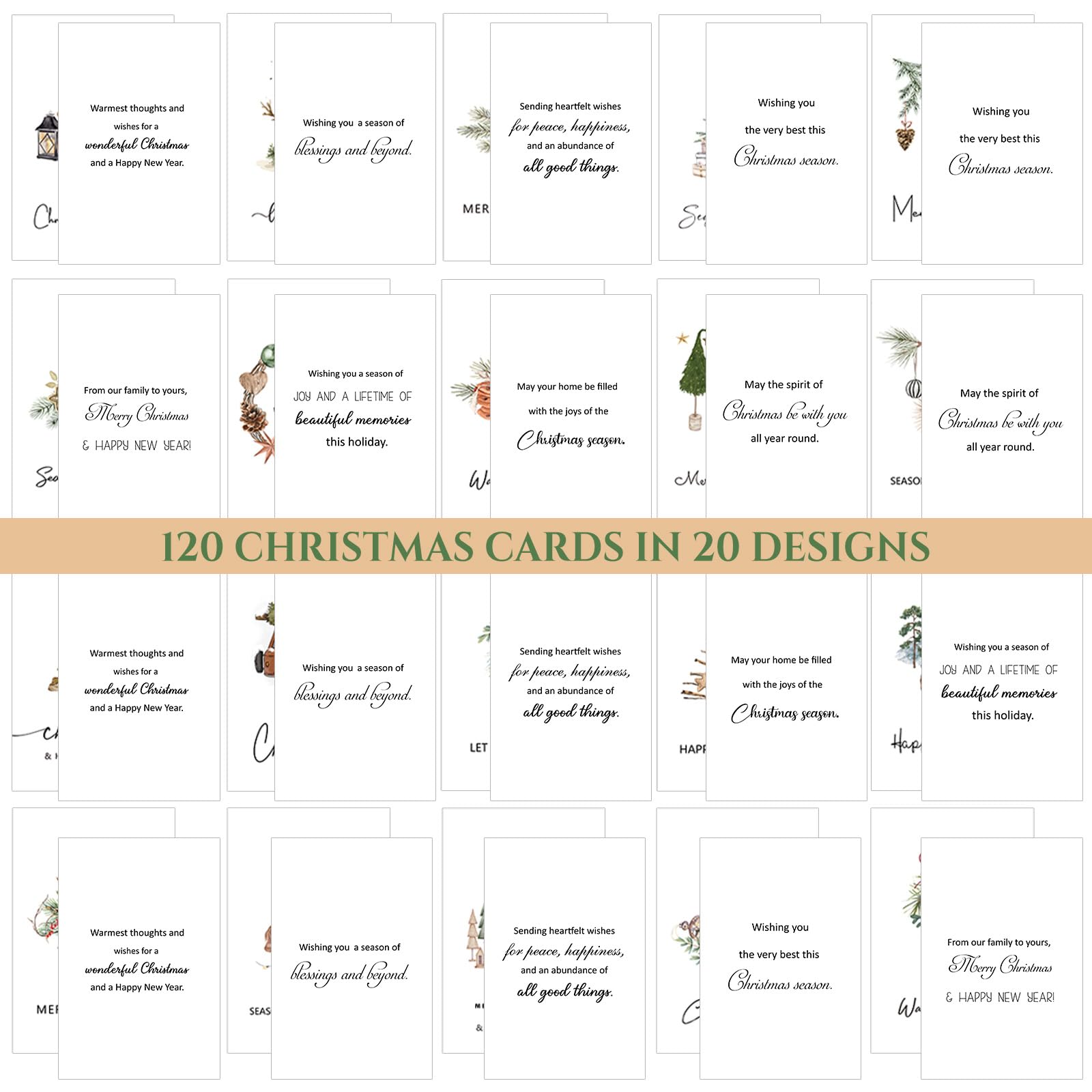 Engrowtic Lot de 120 cartes de Noël de 10,2 x 15,2 cm avec enveloppes kraft et autocollants Assortiment de cartes de vœux rustiques pour Noël, Nouvel An, fournitures de fête