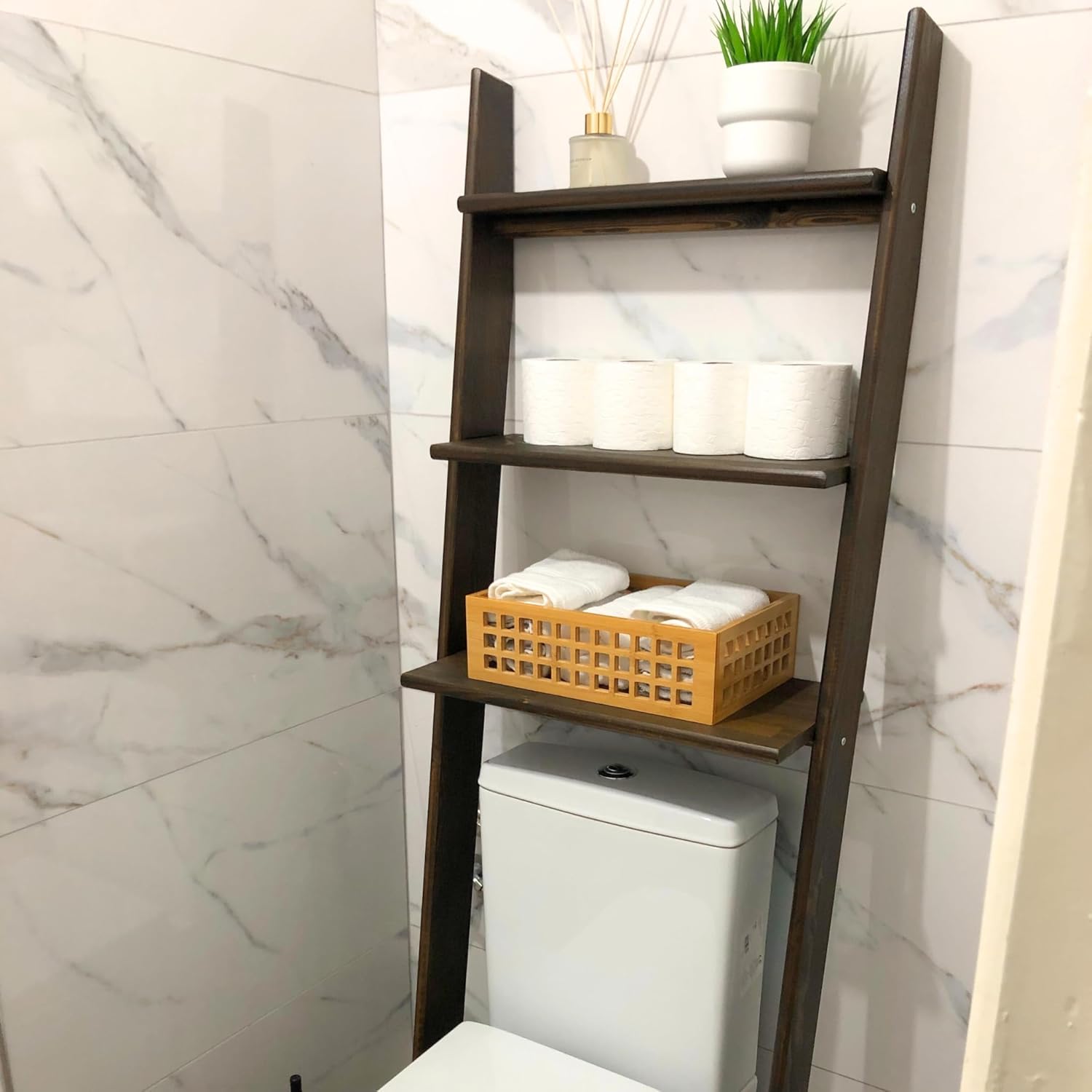 Over The Toilet Birch Wood Bathroom Organizer Shelves, 3-Tier Freestanding Above Toilet Storage Ladder Shelf, Standing Space Saver Behind Toilet Small Bathroom Organizer (Walnut)