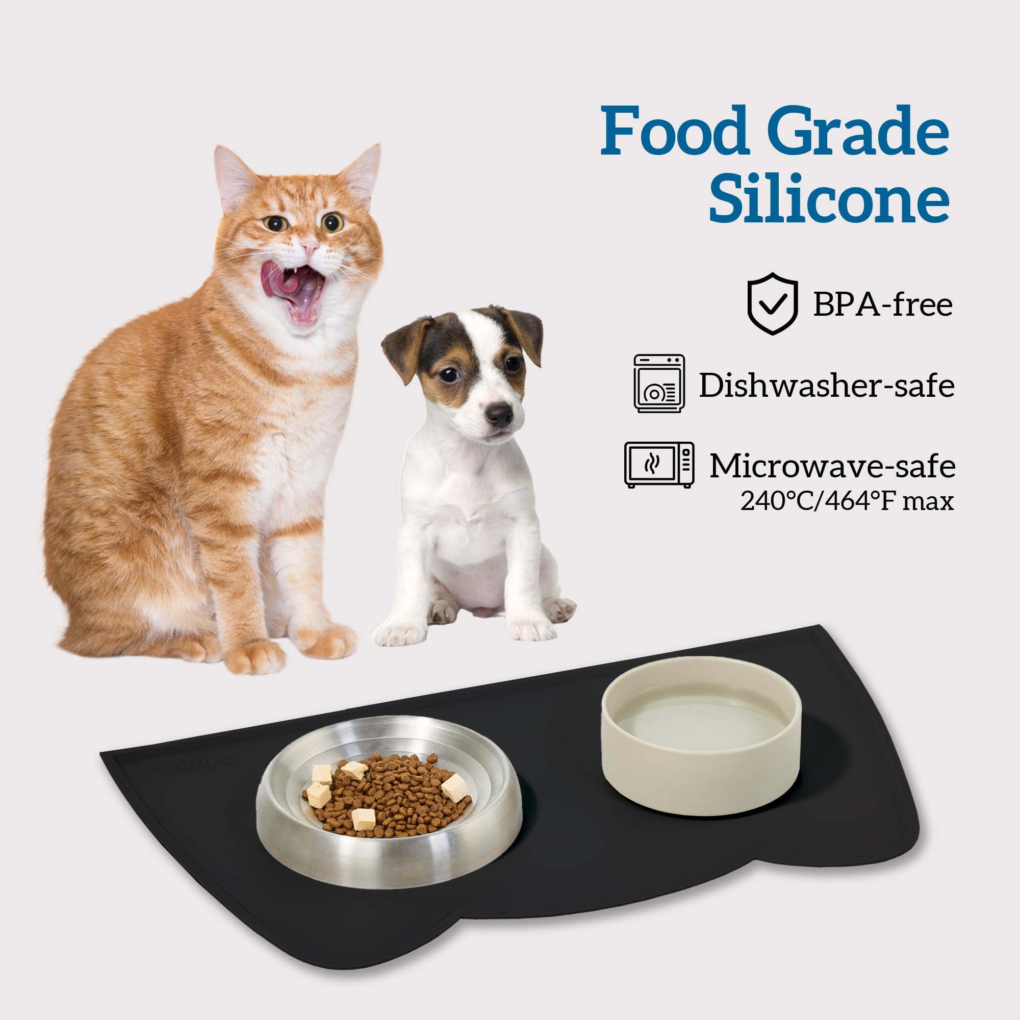 OHMO Piccole Tappetino Ciotola per Cani e Gatti in Silicone, Impermeabile Antiscivolo a Prova di Fuoriuscita per Cibo e Acqua, Facile da Pulire, 46x25cm, Nero