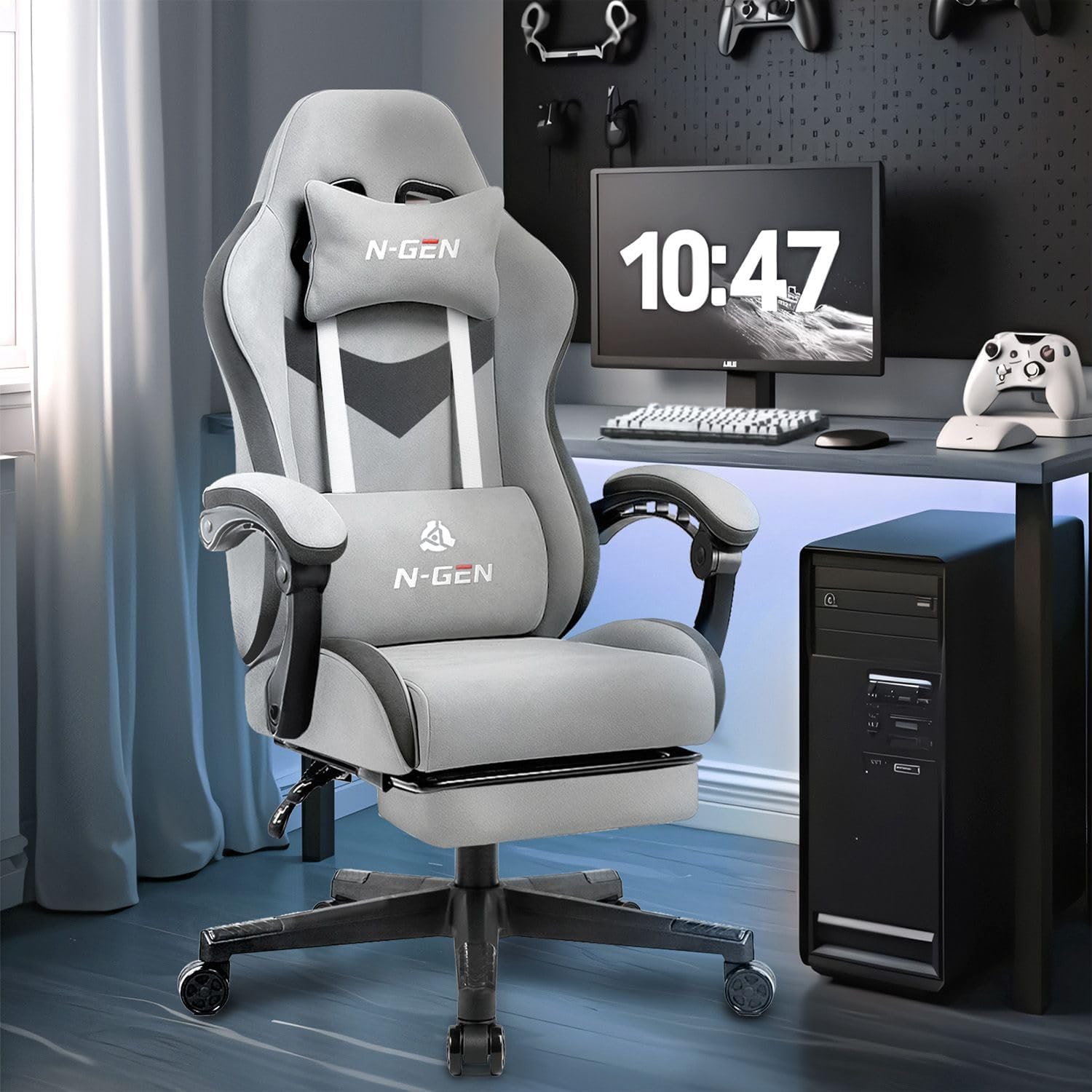 n-gen gaming video gaming chair with footrest lumbar support for home office high back recliner height adjustable ergonomic comfy fabric computer desk chair (grey) fabric grey high tech fabric