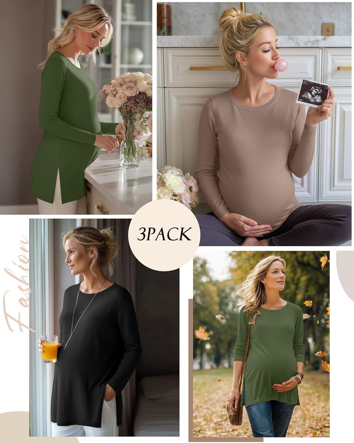 Riyiper 3 Pack Women's Maternity Shirts Split Side Crew Neck Pregnancy Lounge Tee Tops Long Sleeve Loose Fit Pajamas Clothes - Image 2