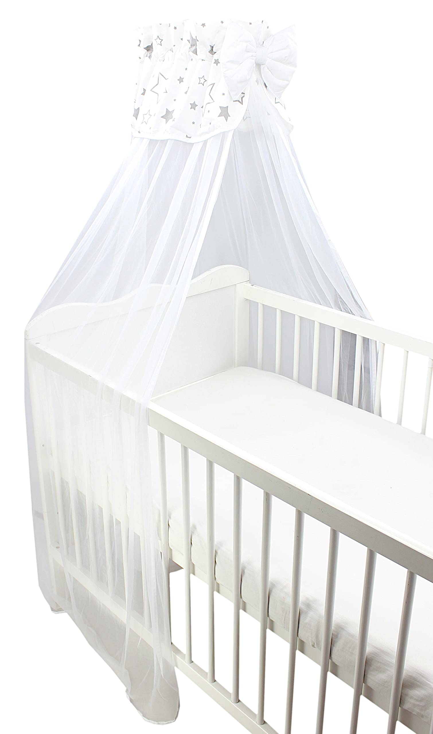 TupTam Baby Cot Canopy with Crown and Bow Chiffon, Stars Gray/White,  170x240 cm