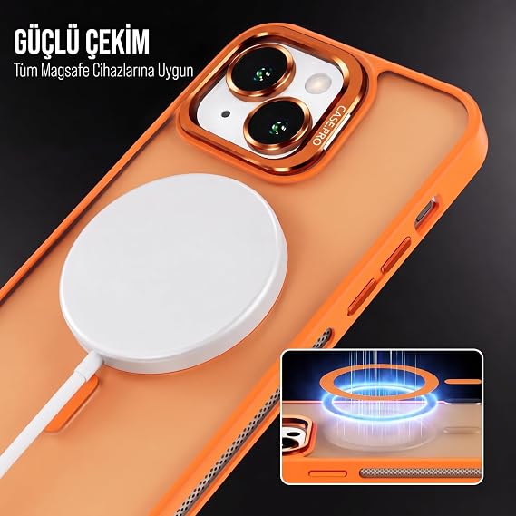 Babilden iPhone 14 Plus İçin Kılıf Kamera Korumalı Magsafe İle Uyumlu Kablosuz Şarj Özellikli Mat Şeffaf Renkli Standlı Lens Hediyeli Telefon Kılıfı (Turuncu)