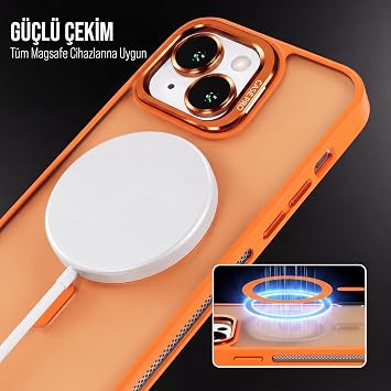 Babilden iPhone 14 Plus İçin Kılıf Kamera Korumalı Magsafe İle Uyumlu Kablosuz Şarj Özellikli Mat Şeffaf Renkli Standlı Lens Hediyeli Telefon Kılıfı (Turuncu)