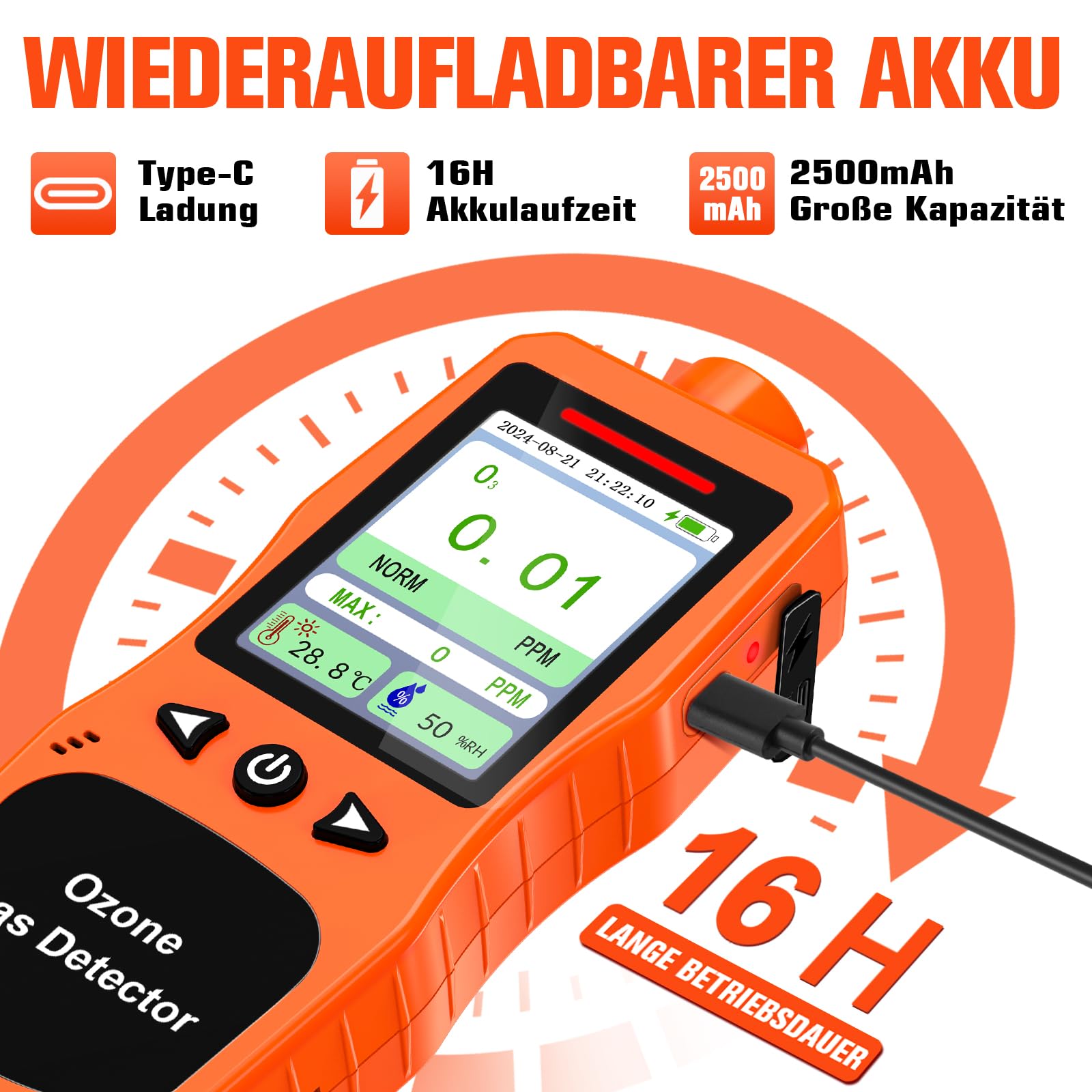 Tragbarer Ozondetektor, 0-20PPM Ozonmessgerät mit 0,01 PPM hoher Auflösung, Ozonanalysator mit Alarmfunktion, O3 Luftqualitätsmessgerät mit Temperatur und Feuchtigkeitsprüfer, Orange