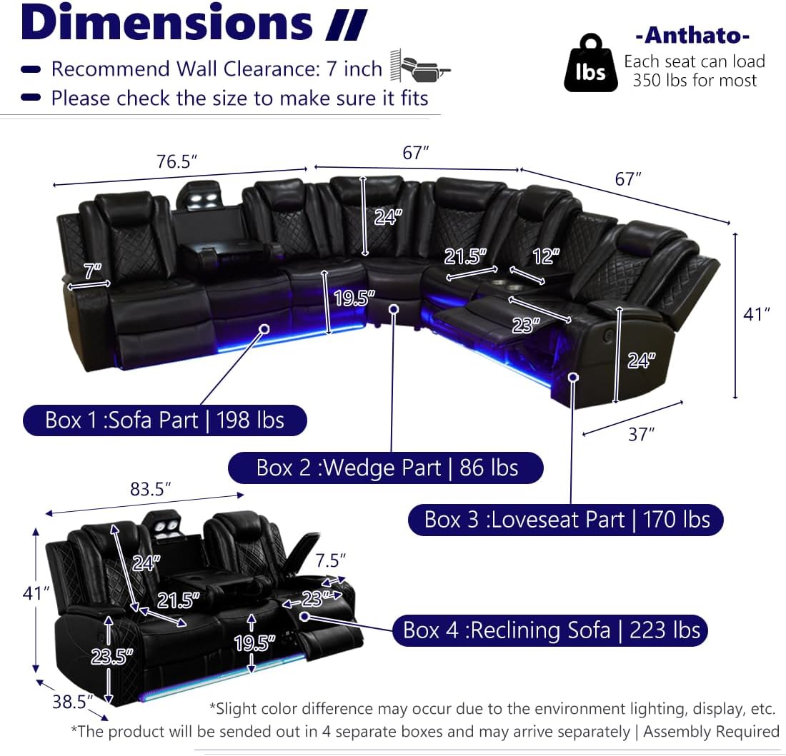 Black Power Recliner Sectional Sofa Set with LED, Luxury Breathing Leather Reclining Corner Couch Set, 9 Seat L-Shaped Sofa Couch Set with Cup Holders/Storage for Living Room (Sectional+Sofa)