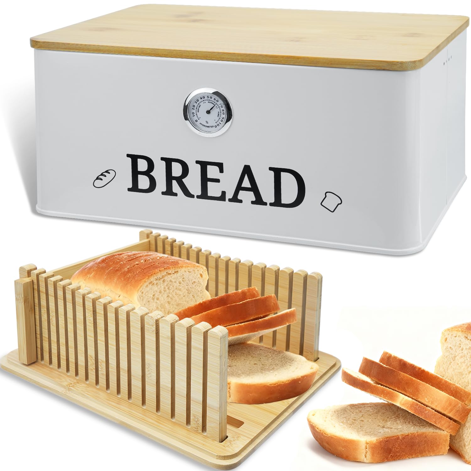 Boîte à Pain pour Plan de Travail - Organisateur de Cuisine avec Couvercle Bambou/Hygromètre - Conteneur de Rangement pour Pain au Levain, Pains et Baguettes - Planche à Découpe Intégrée - Blanc