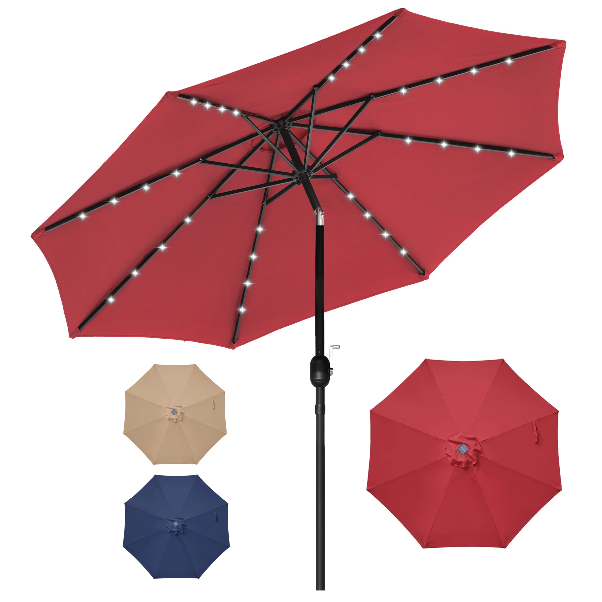 Simple Deluxe 9' Solar Umbrella 32 LED Lighted Patio Umbrella Table Market Umbrella for Garden, Deck, Backyard and Pool, Red