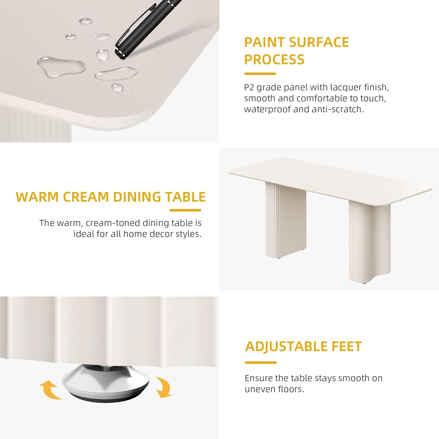 DWVO 70.8 Inch Dining Table for 6-8 People Modern Rectangular Kitchen Table Large Cream White Dinner Table with Solid Wave Curved Legs for Dining Room Kitchen Home Office Apartment, White