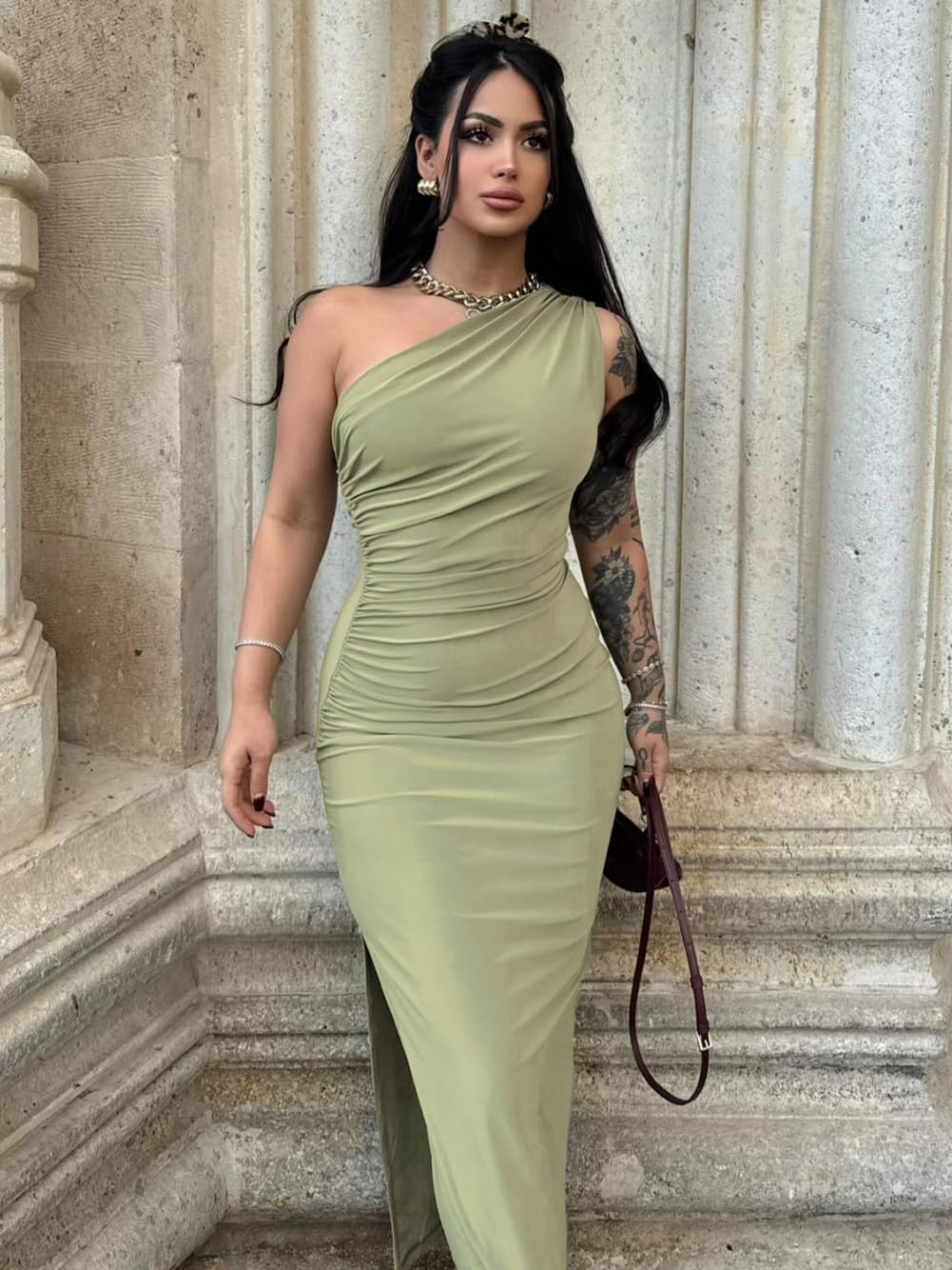 Robe Femme Sexy sans Manches Une Épaule Robes Longue Moulante Chic et Elégant Bodycon Maxi Robe Plissée de Soirée D'éte Couleur Unie Wrap Robes avec Fendue pour Clubbing Cocktail Prom Fête