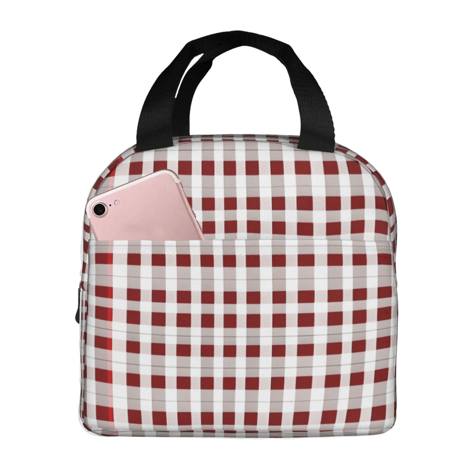 Borsa Termica Per Pranzo In Velluto A Coste - Marrone E Bianco A Scacchi, Isolata, Con Tasche, Per Lavoro E Picnic