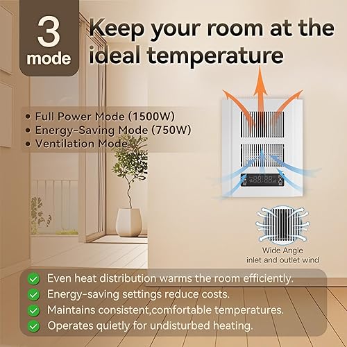 Miniatura 9 de Calentador eléctrico de pared para uso en interiores, calentador de pared de 120 V con termostato y control remoto, 3 modos de calefacción,