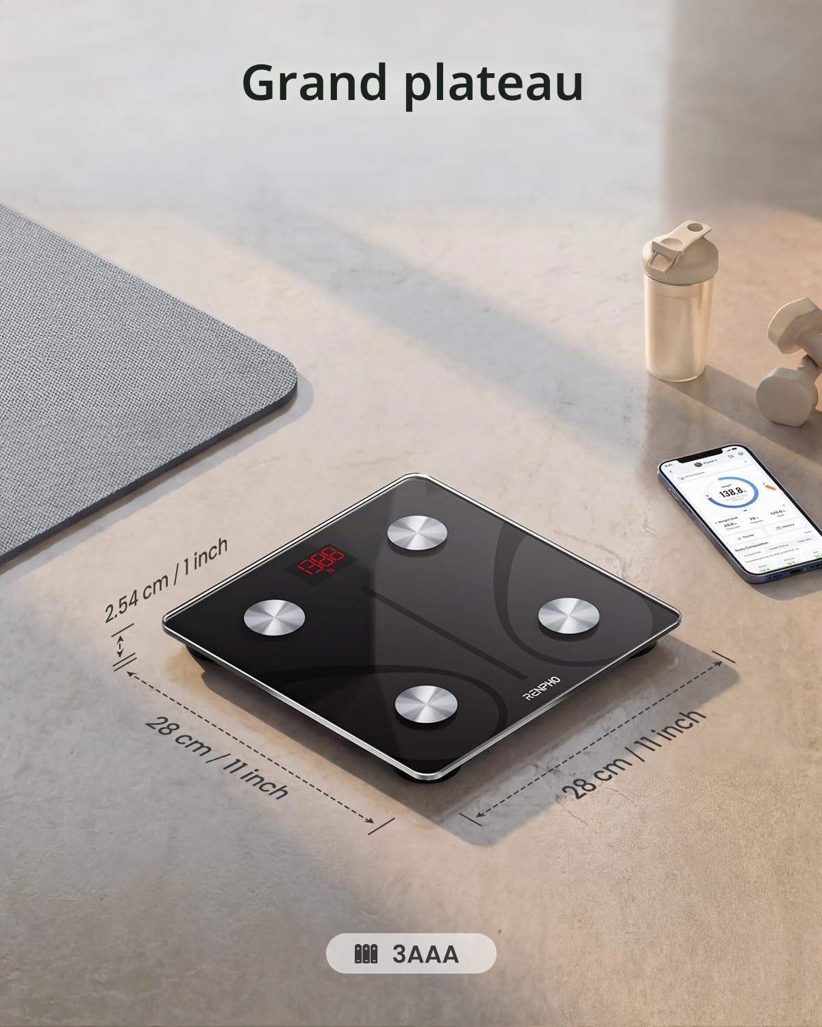 RENPHO Balance Pese Personne, Pese Personnes en Verre Trempé, Bluetooth, Max. 180 kg, Balance Connectée avec 13 Données Corporelles (IMC/graisse corporelle/masse osseuse/BMR/muscle/eau), Elis 1