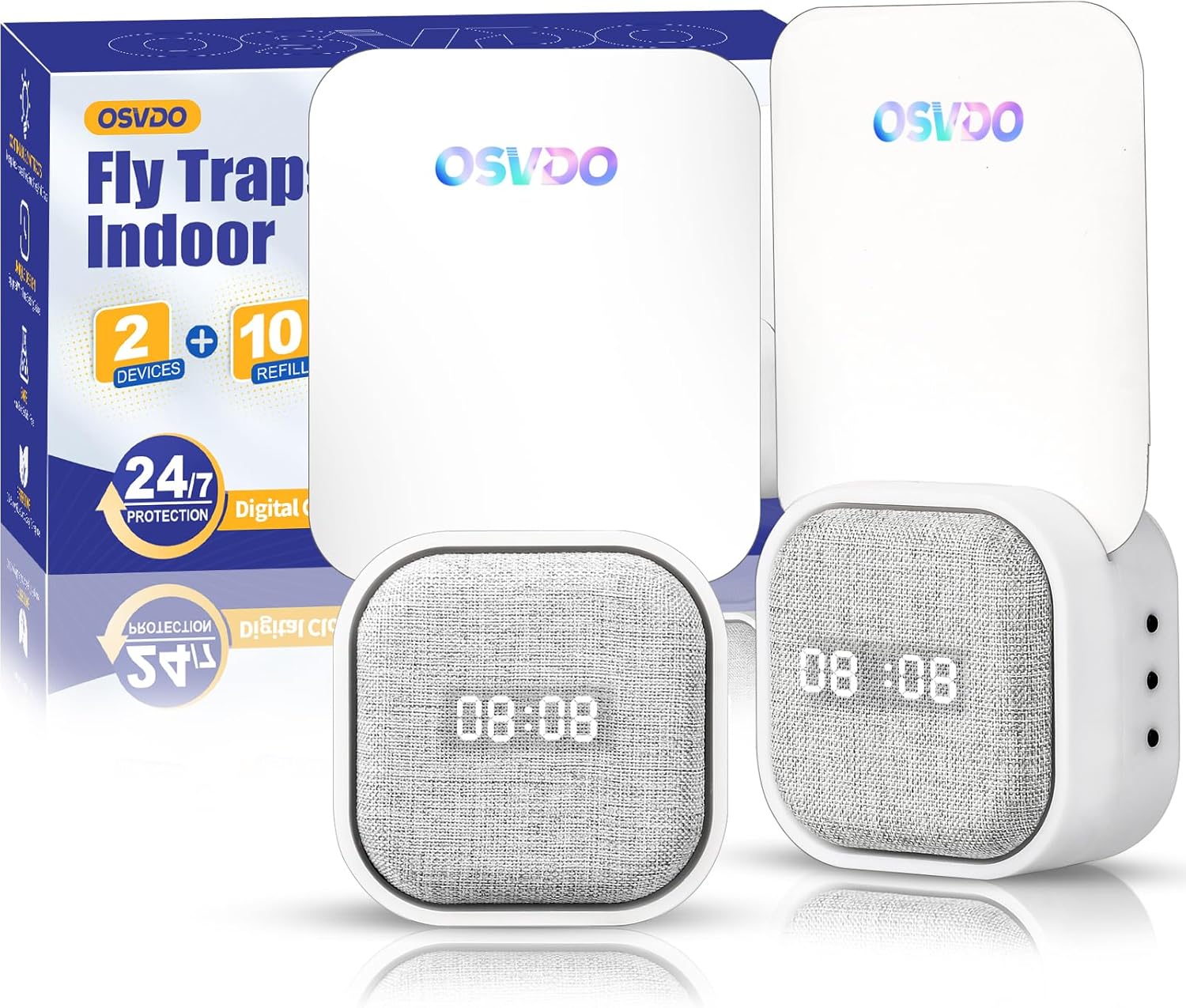 Fruit Fly Traps for Indoors, 2 in 1 Flying Insect Traps and Digital Clocks, (2 Devices & 10 Refills) Fly Traps Indoor, Bug Zapper Trap House, Fly Catcher for Home - 400 Sq Ft of Protection