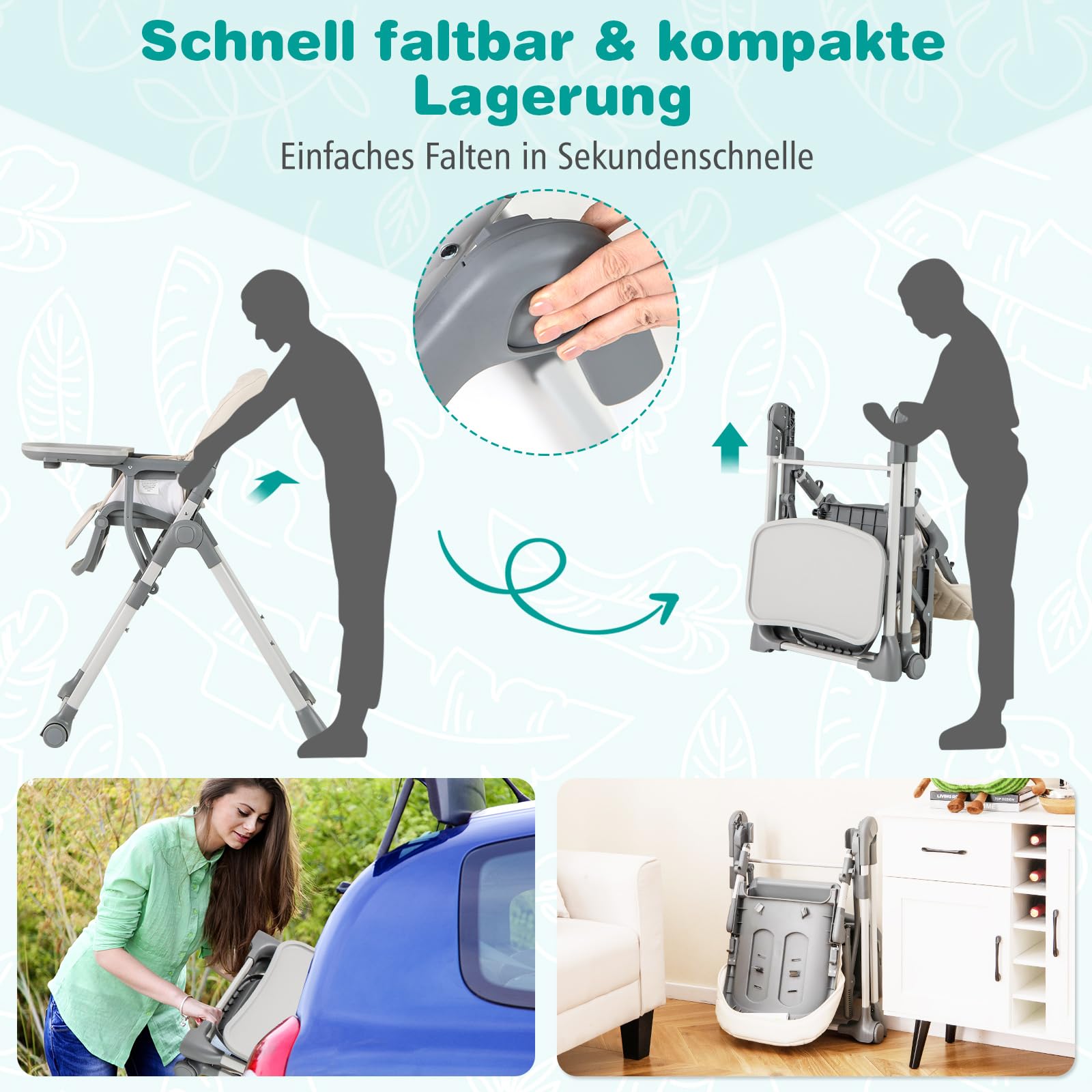 COSTWAY Wysokie krzesło dla niemowląt, składane, z funkcją leżenia i regulacją wysokości, mobilne krzesło dla niemowląt ze zdejmowaną tacą i pasem bezpieczeństwa, kombinowane krzesełko dla dzieci na 6