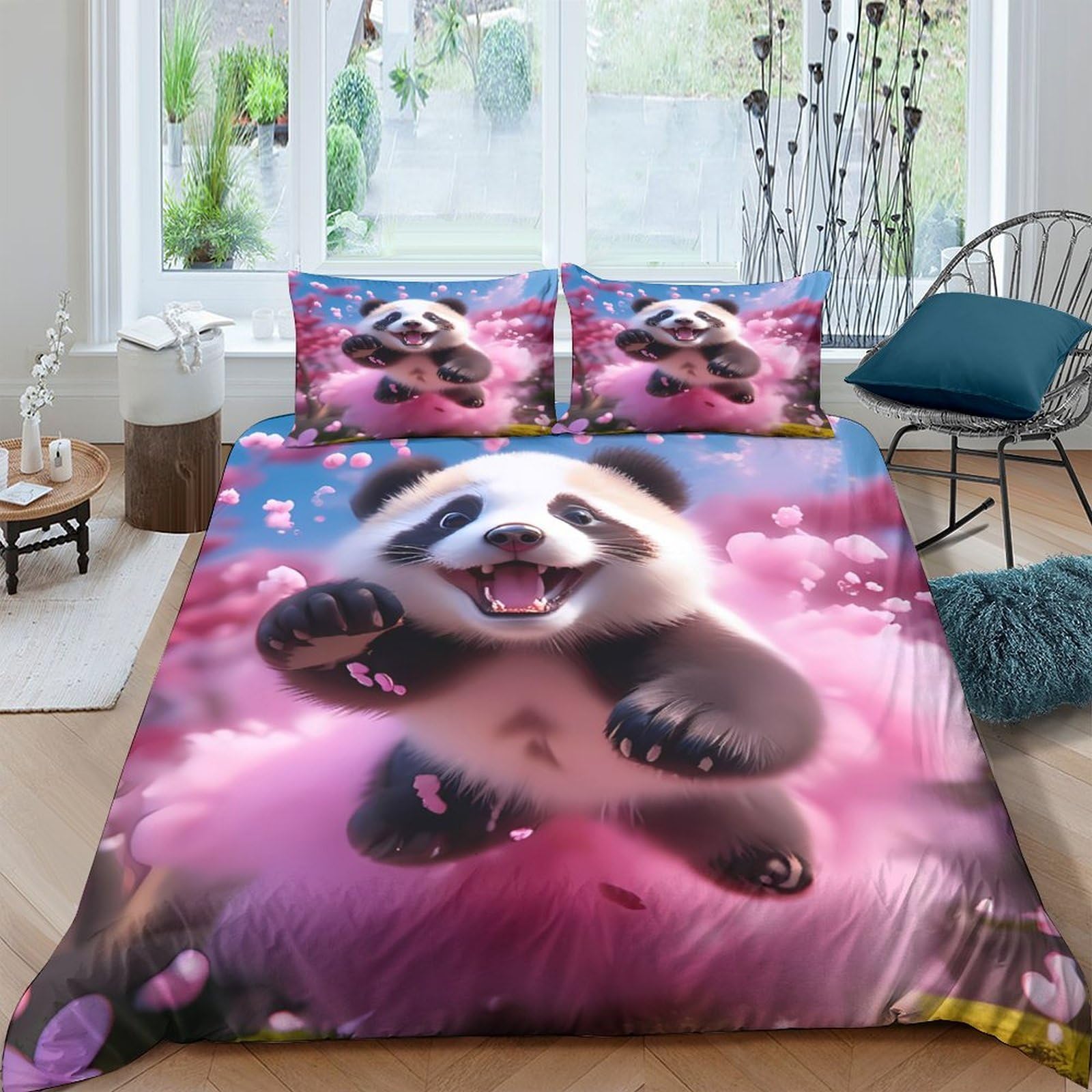 Ctjqhvkz Style-3 3D Printed Cute Panda Fitted Sheet Microfiber Soft Pink Blossom Bed Cover For Bedroom Dorm Mattress Decorative Protection Single（135X200cm）