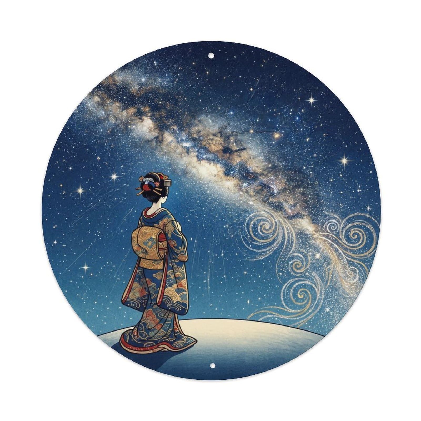 Galvaxio Style Japanese Kimono Woman Gazing Starry Night Sparkling Metal Tin Sign
