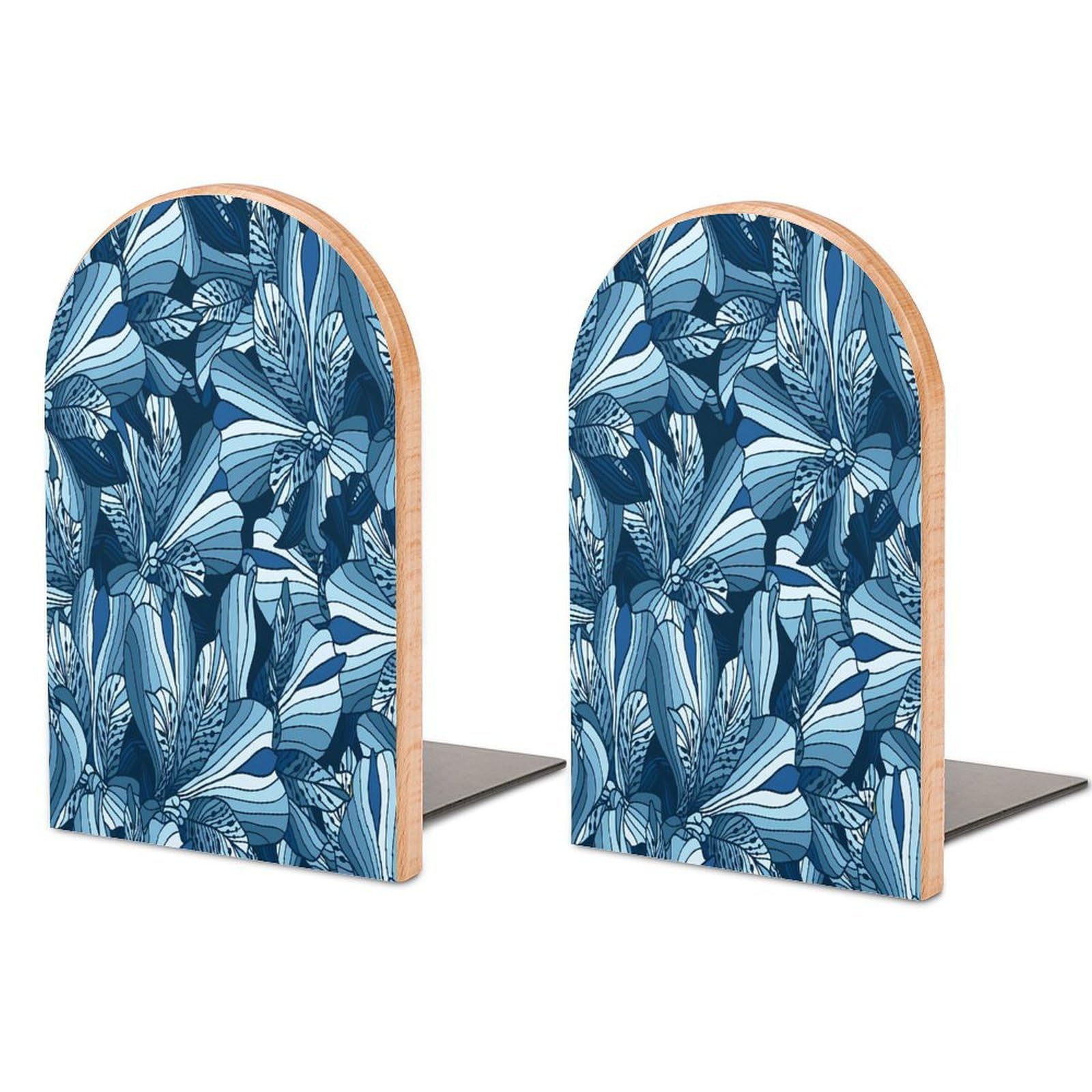 Seamless Blue Alstroemeria Flowers Background Beech Wood Bookends Heavy Duty Book Organizers Desktop File Holder for Office Home Bookshelf