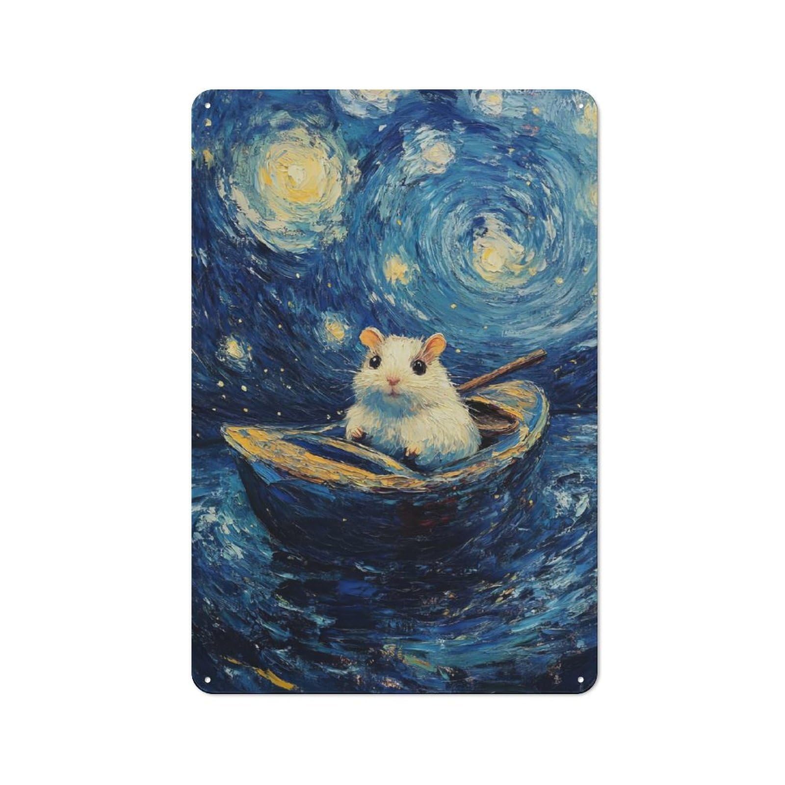 Junmoney Hamster In Starry Night Metal Wall Plaque With Design 30X20cm, Retro Novelty Wall Art For Bedroom, Kitchen, Office Or Living Room