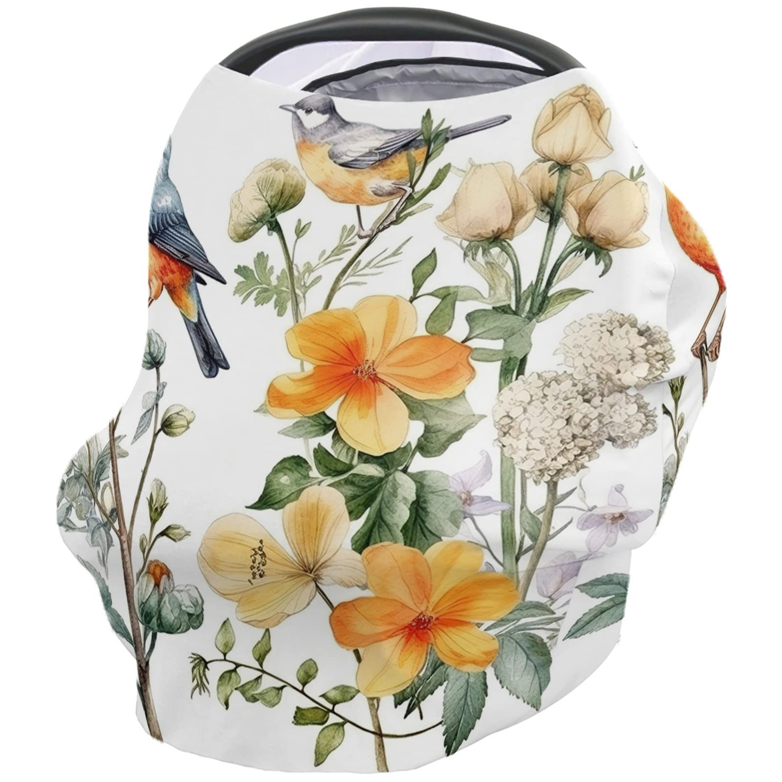 Nursing Cover for Breastfeeding Scarf, Bird White Yellow Flower Floral Baby Car Covers Super Soft Multi Use for Canopy Shopping Cart Cover Blanket Stroller Cover