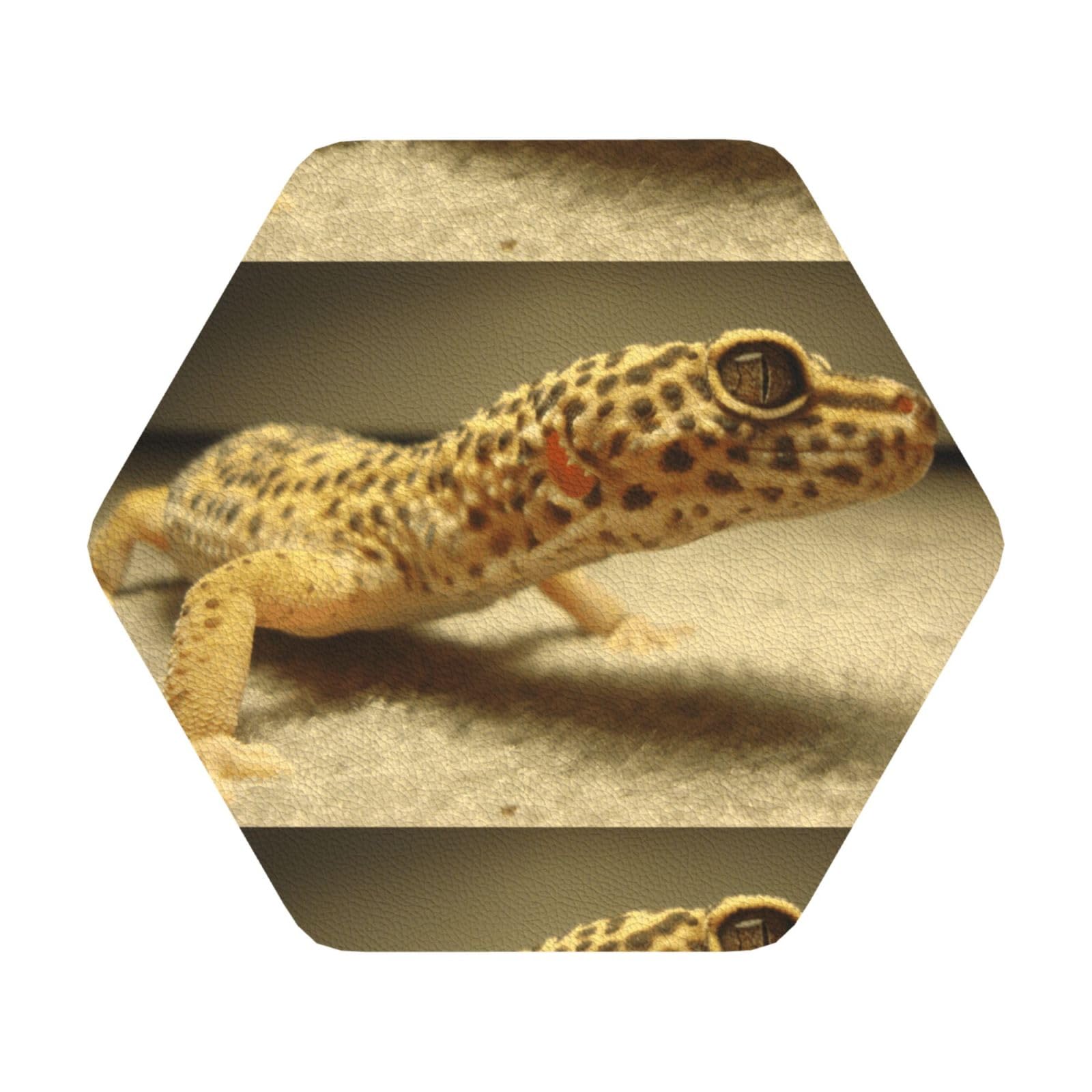 Sand Leopard Gecko PU Leather Coasters Set of 6 Hexagon Drink Coasters