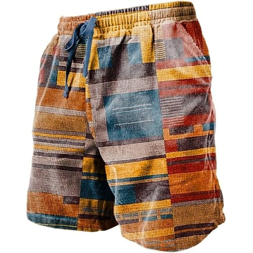 Mens Linen Plaid Bermuda Shorts Ethnic Pattern Jogger Shorts Summer Straight Drawstring Beach Short with Pockets