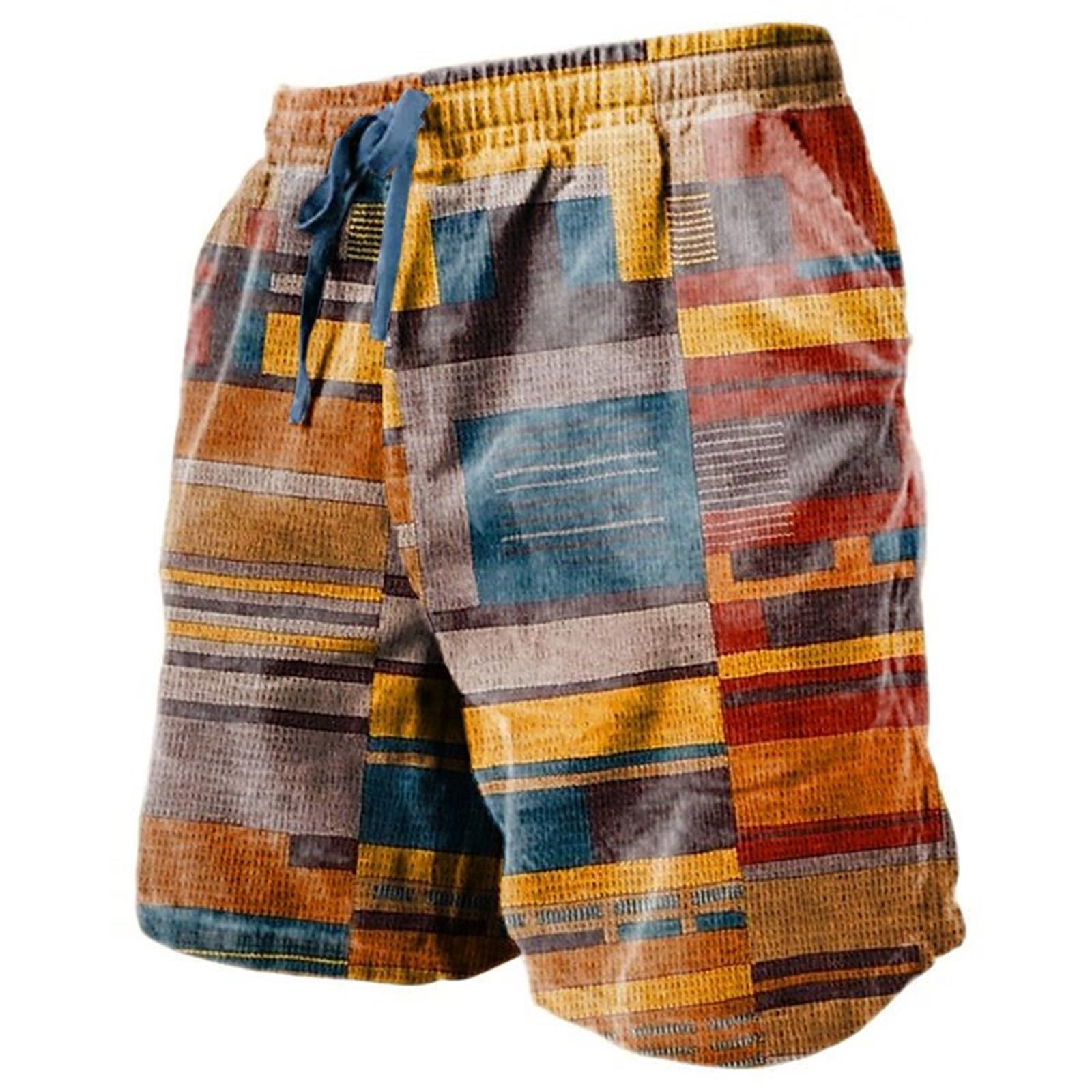 PETCDIM Mens Linen Plaid Bermuda Shorts Ethnic Pattern Jogger Shorts Summer Straight Drawstring Beach Short with Pockets