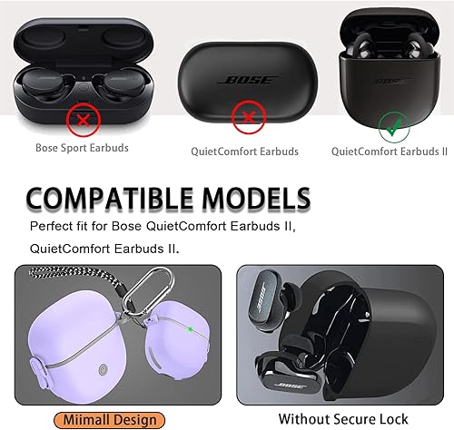 Miniatura 2 de Miimall Funda compatible con Bose QuietComfort Earbuds II, bloqueo seguro actualizado, llavero antipérdida, LED frontal visible, funda protectora