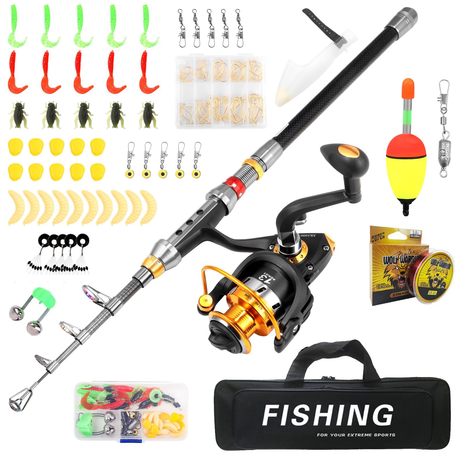 – Metal Fishing Rod & Reel Combo - 1.8m Telescopic Pole, 3000 Spinning Reel, Carrier Bag, 100M Line, Lures & Hooks Accessories